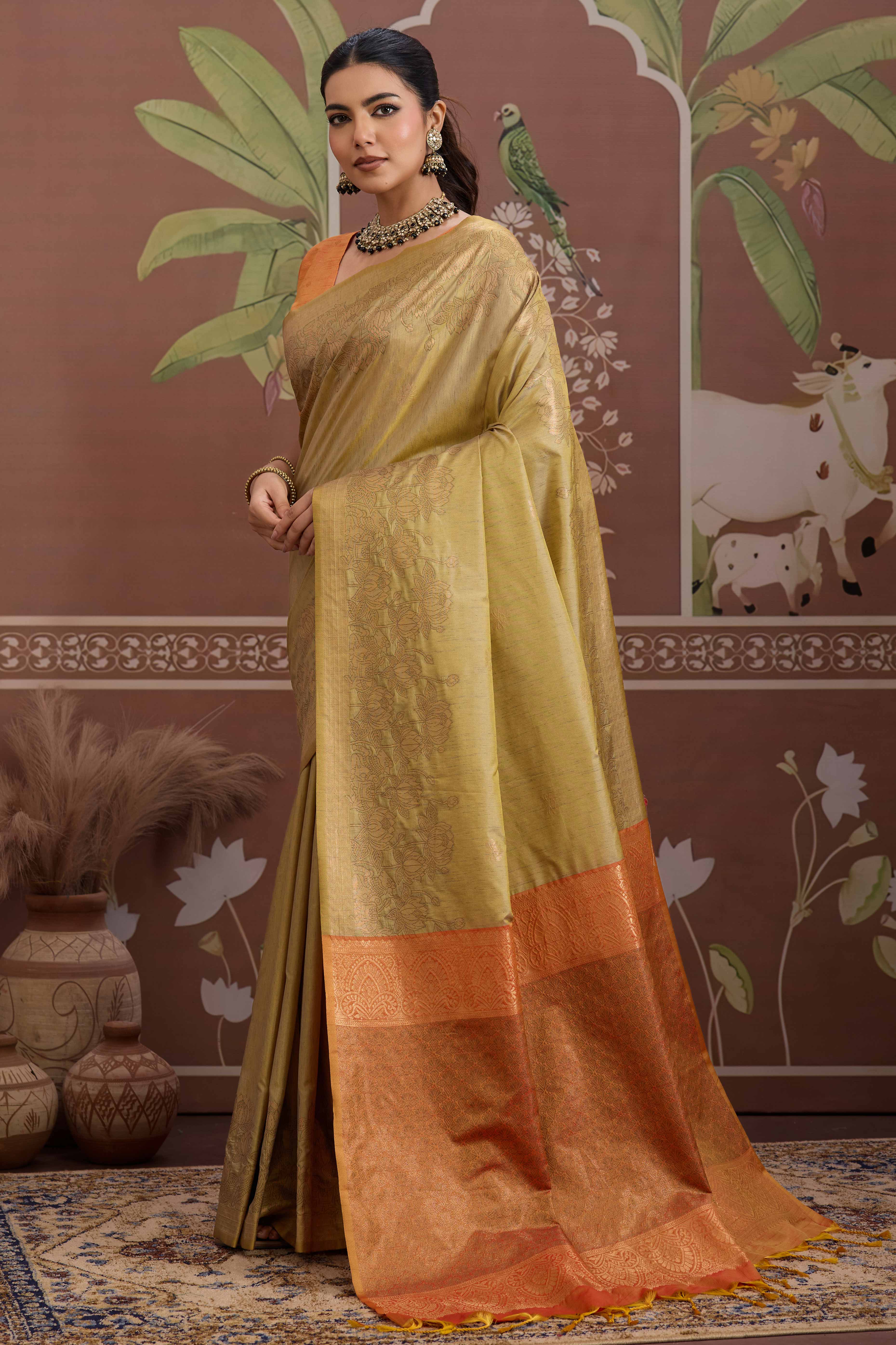 Luxury Gold Pichwai Style Saree in Silk Blend with Intricate Zari Work