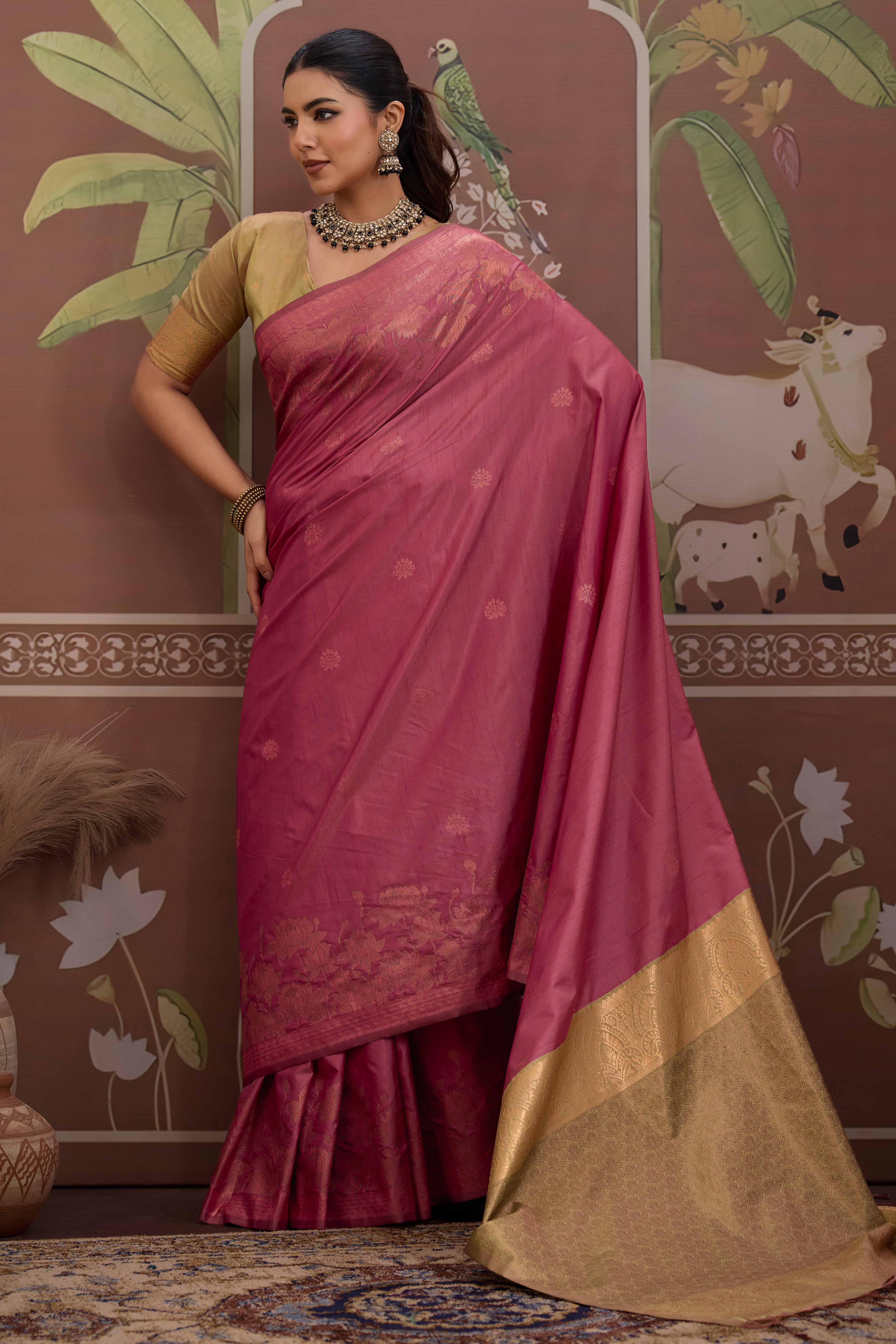 Luxury Pink Pichwai Style Saree in Silk Blend with Intricate Zari Work