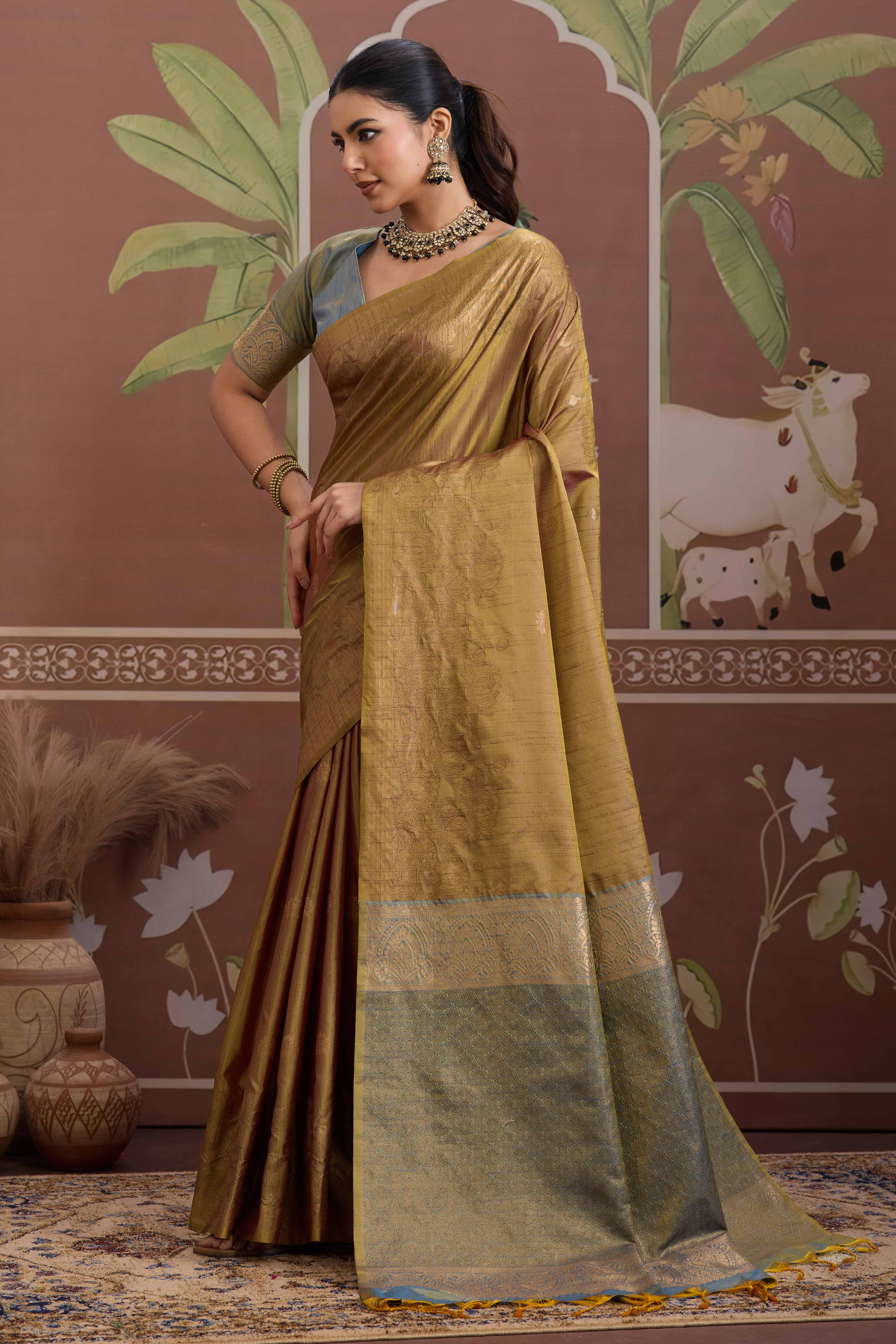 Luxury Brownish Gold Pichwai Style Saree in Silk Blend with Intricate Zari Work
