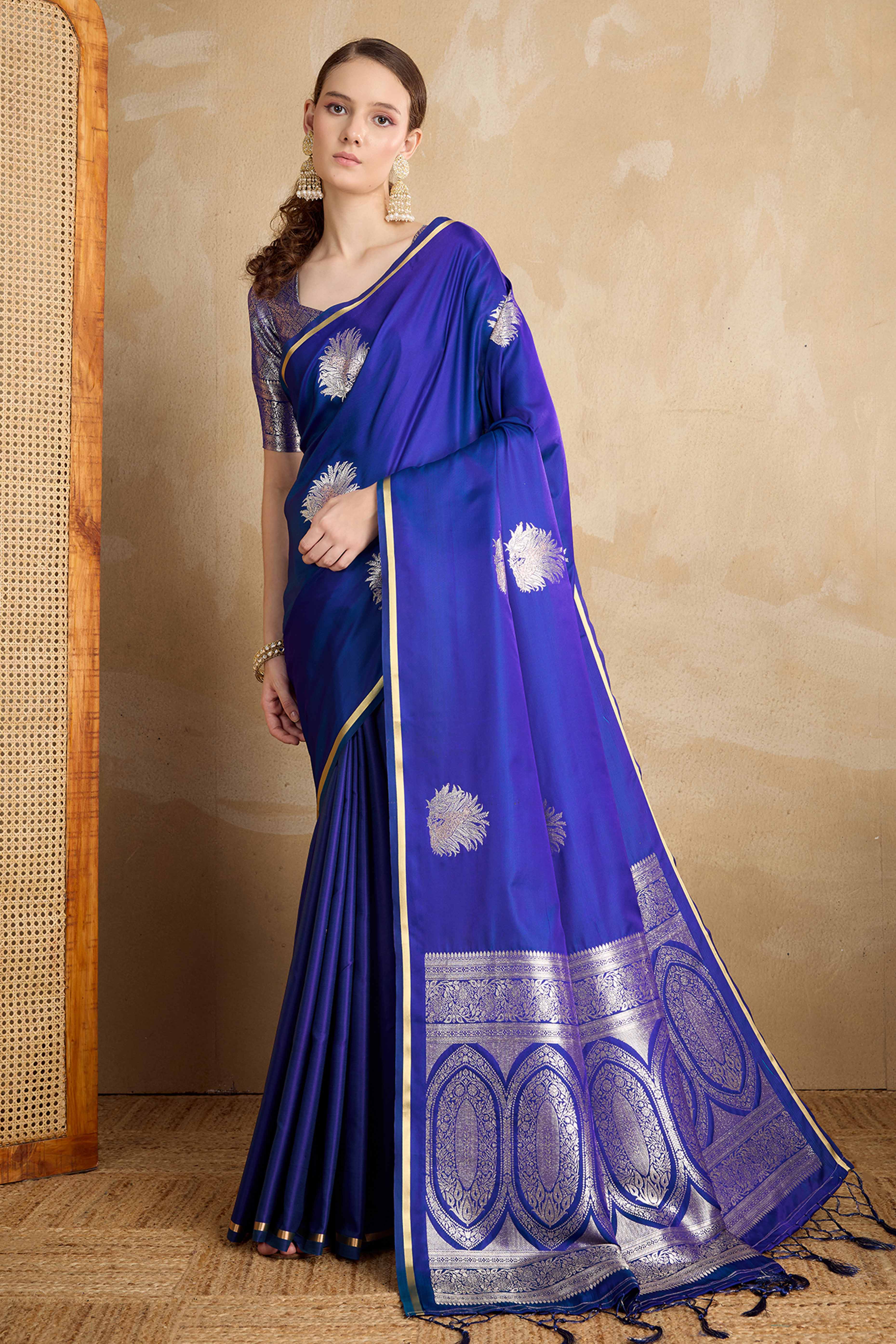 Blue Satin Saree Featuring Intricate Handloom Weaving