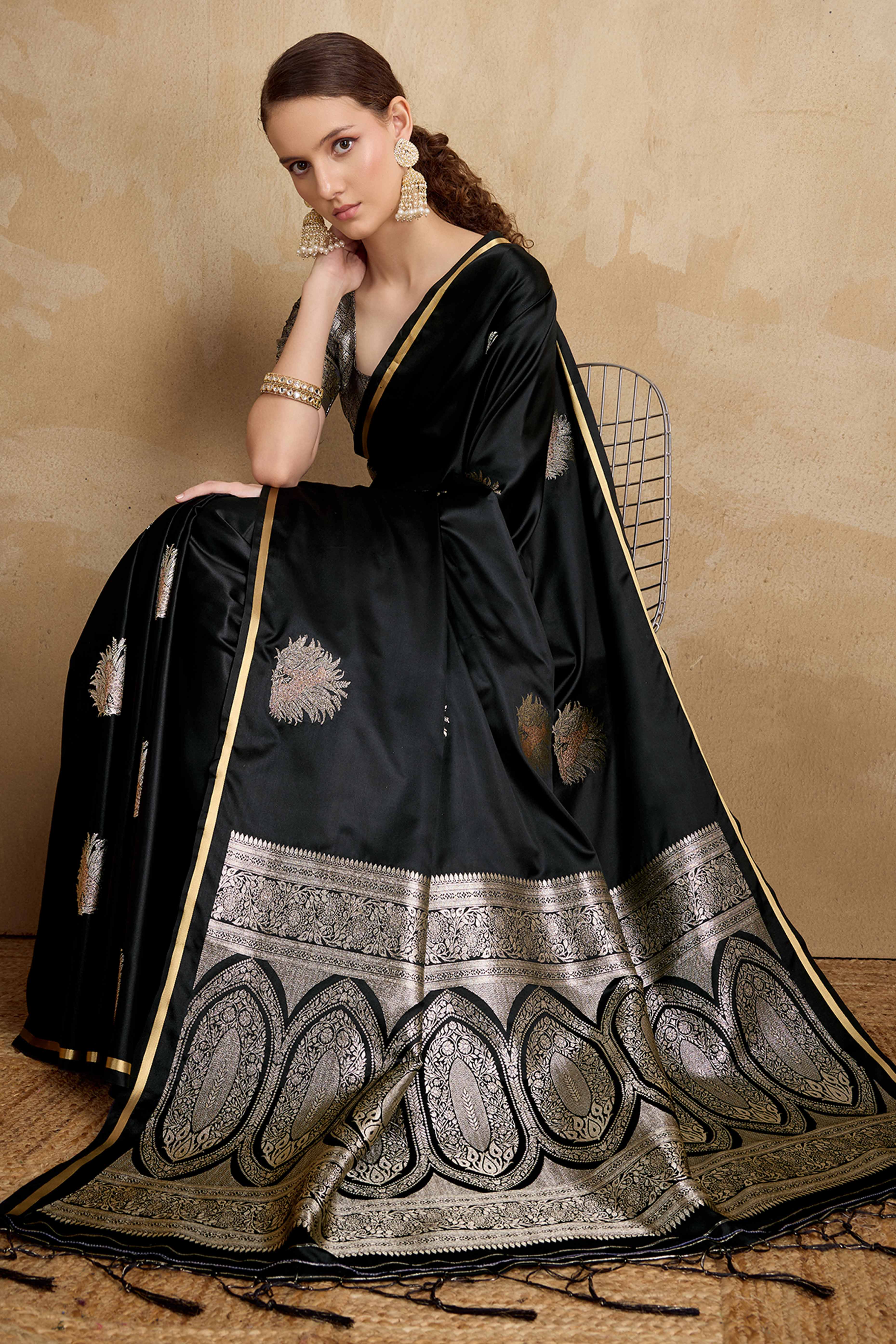 Black Satin Saree Featuring Intricate Handloom Weaving
