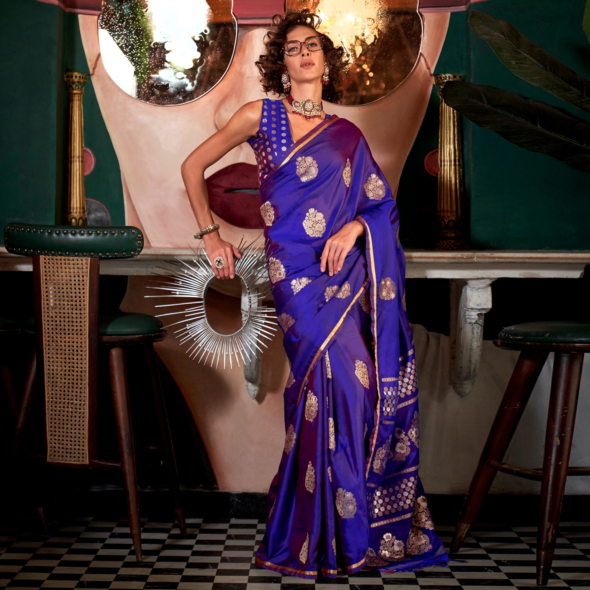 Violet Floral Design Zari Woven Satin Saree