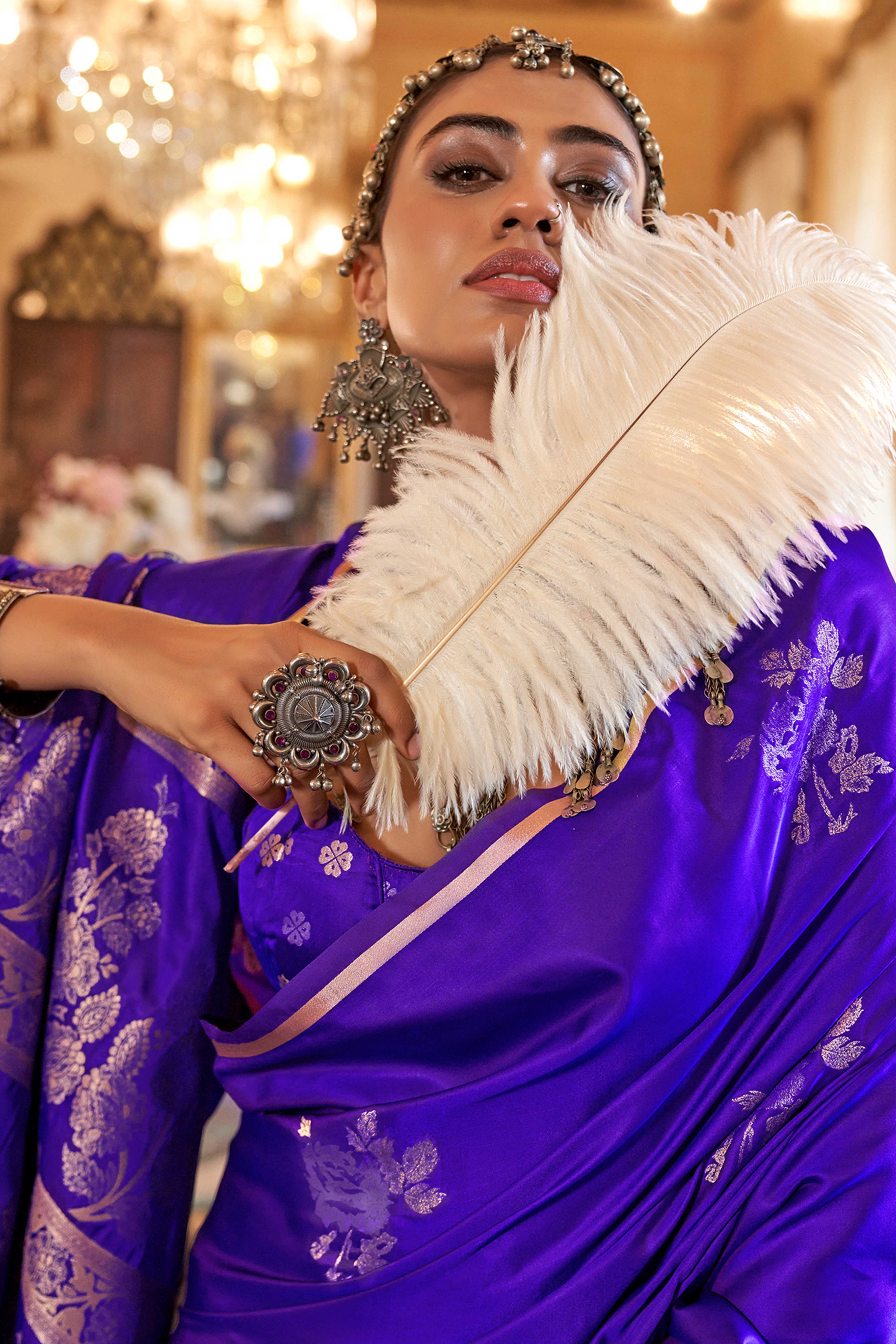 Purple Satin Saree with Zari Weaving and Tassel Detailing