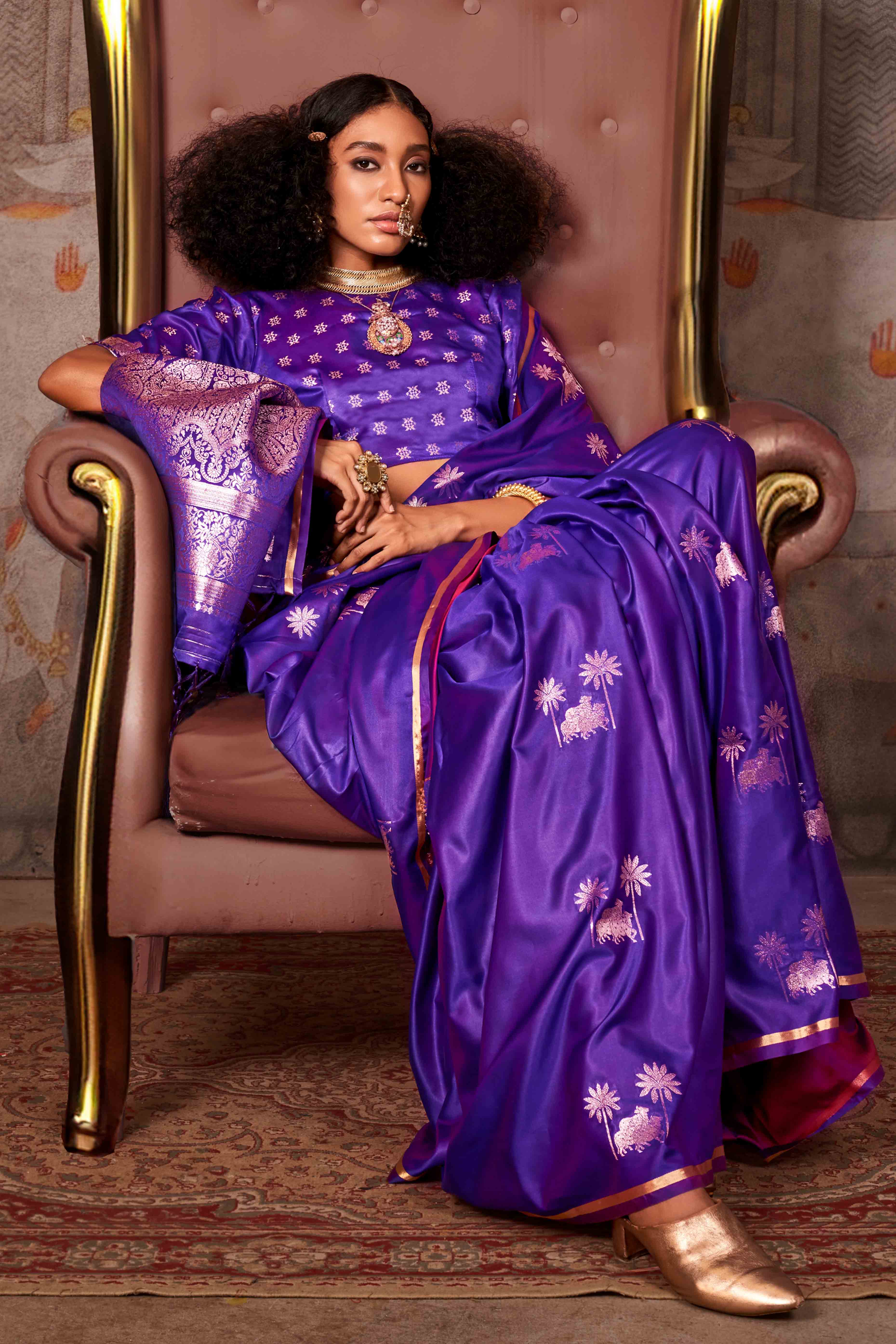 Purple Floral Zari Weaving Satin Saree