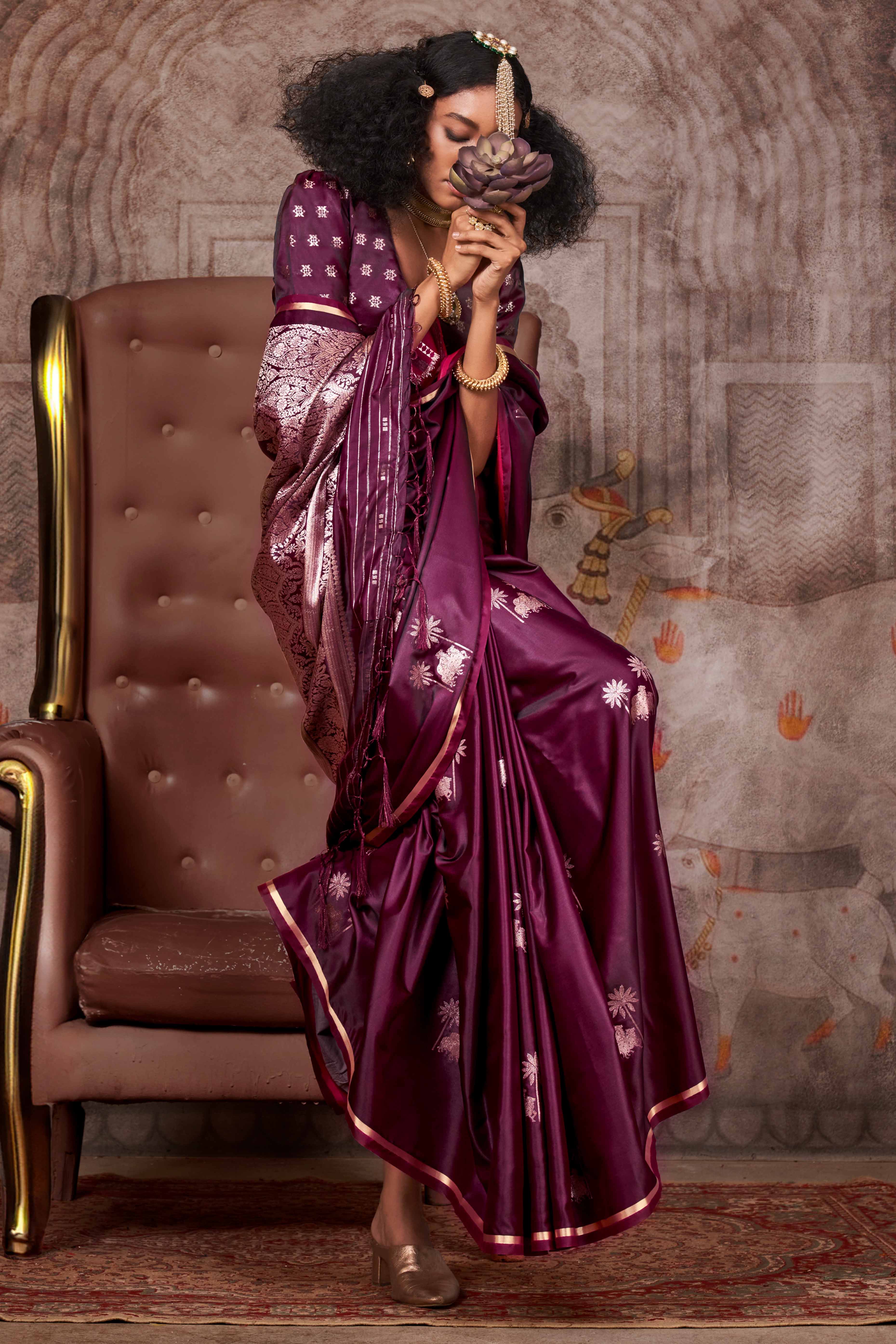 Wine Floral Zari Weaving Satin Saree