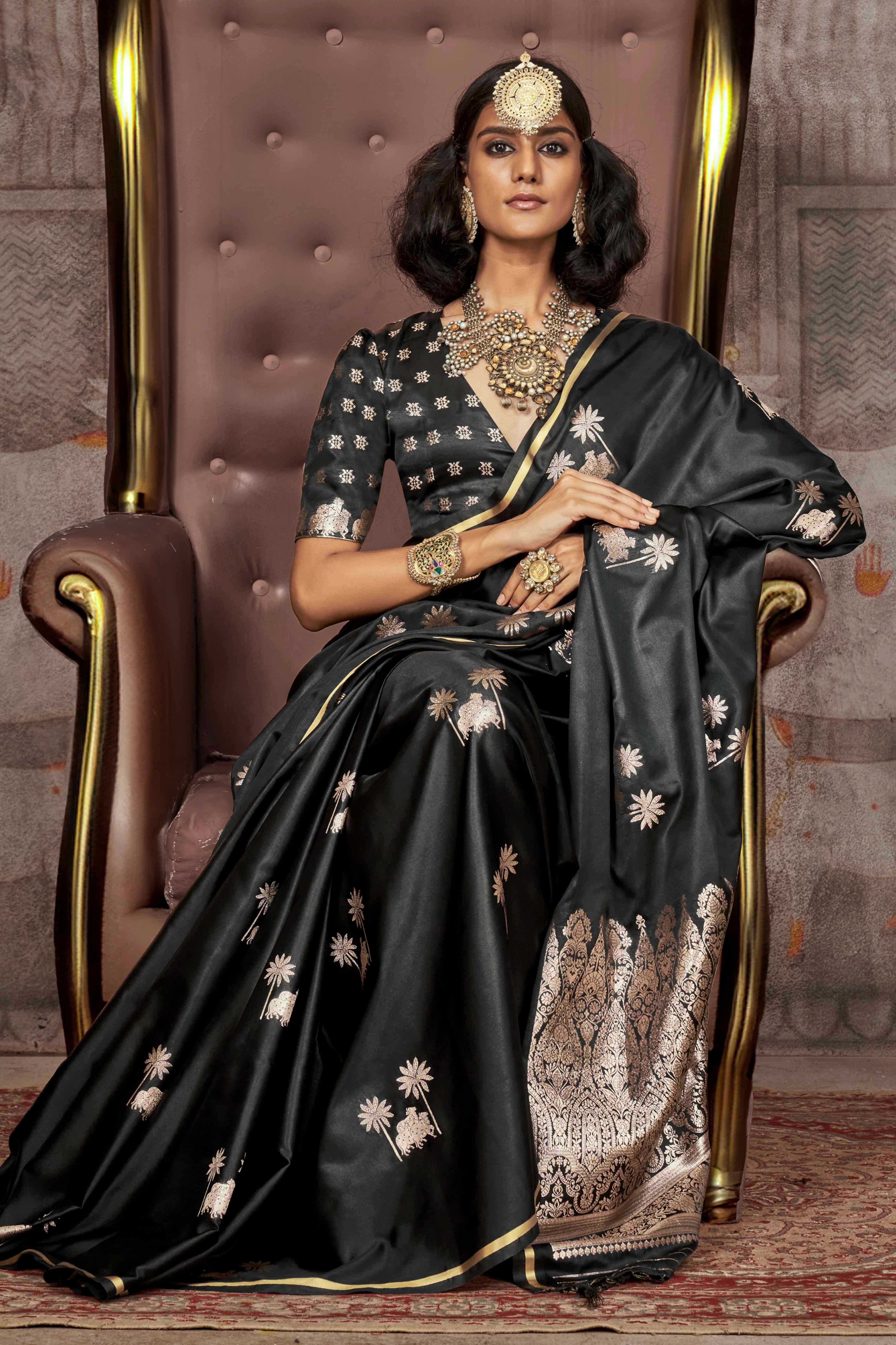 Black Floral Zari Weaving Satin Saree