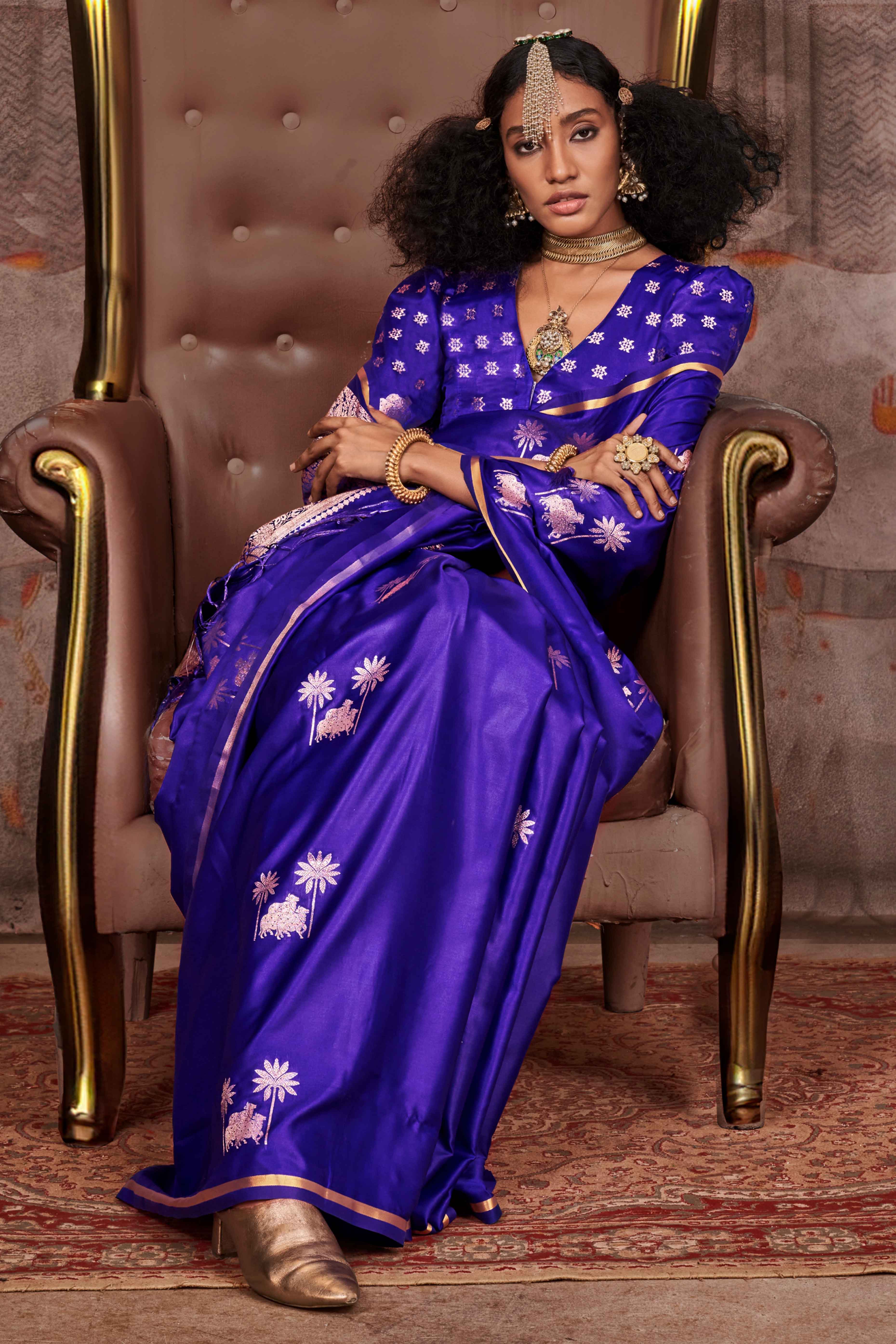 Violet Floral Zari Weaving Satin Saree