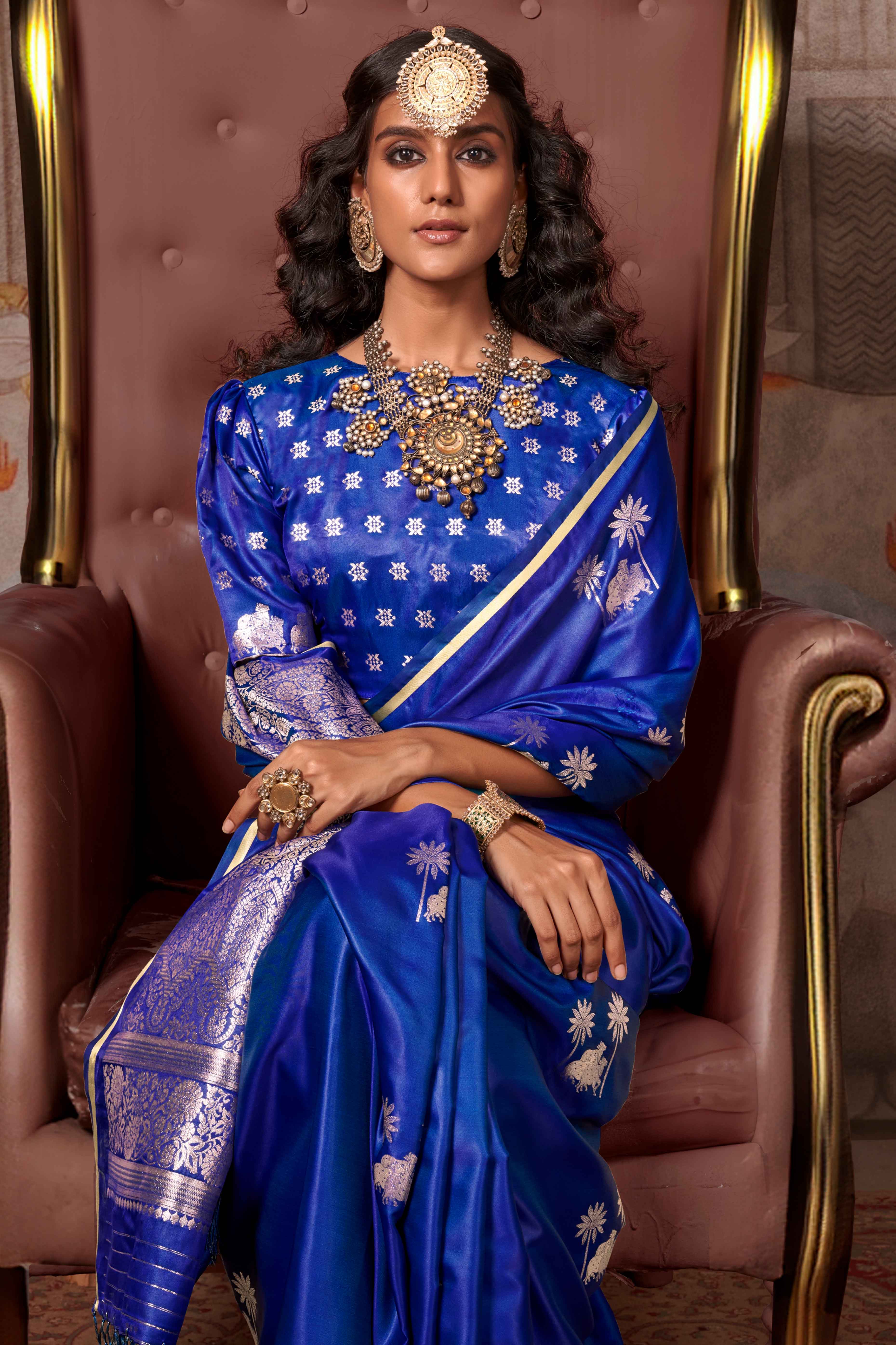 Blue Floral Zari Weaving Satin Saree