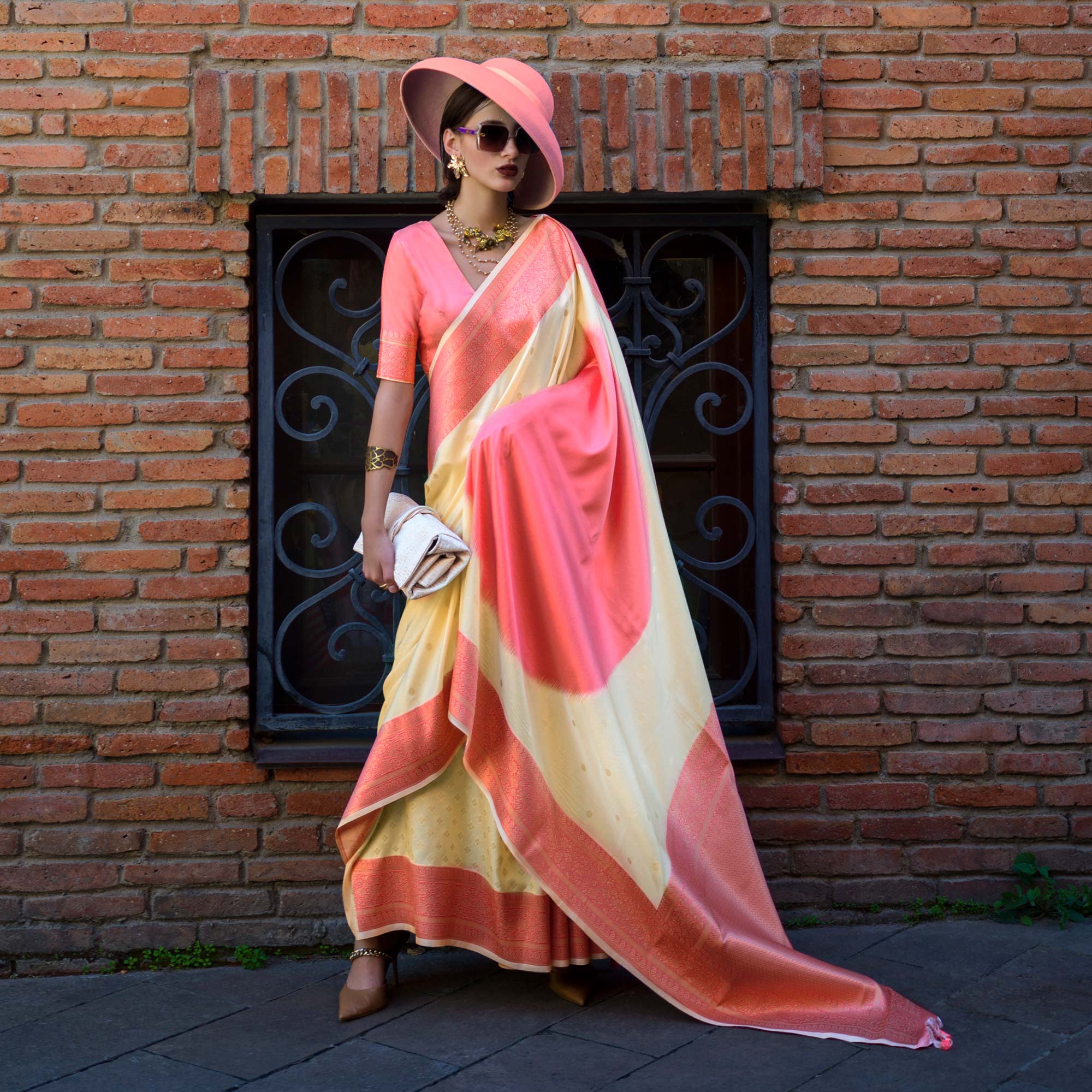 Beige & Peach Zari Butti Work Banarasi Silk Saree