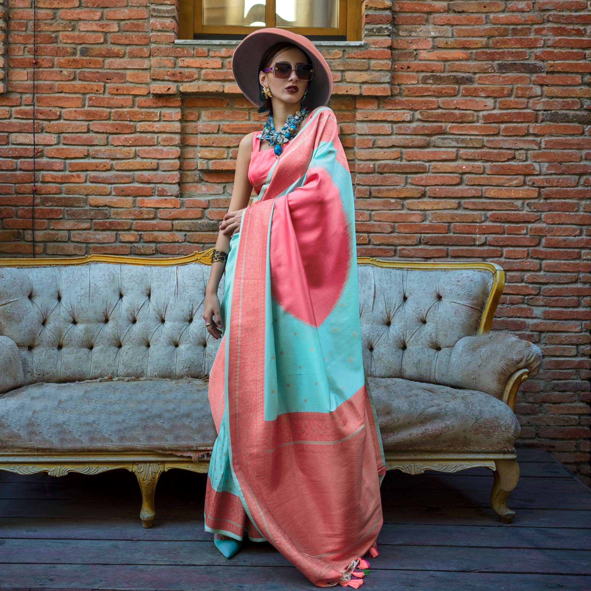 Sky Blue & Peach Zari Butti Work Banarasi Silk Saree