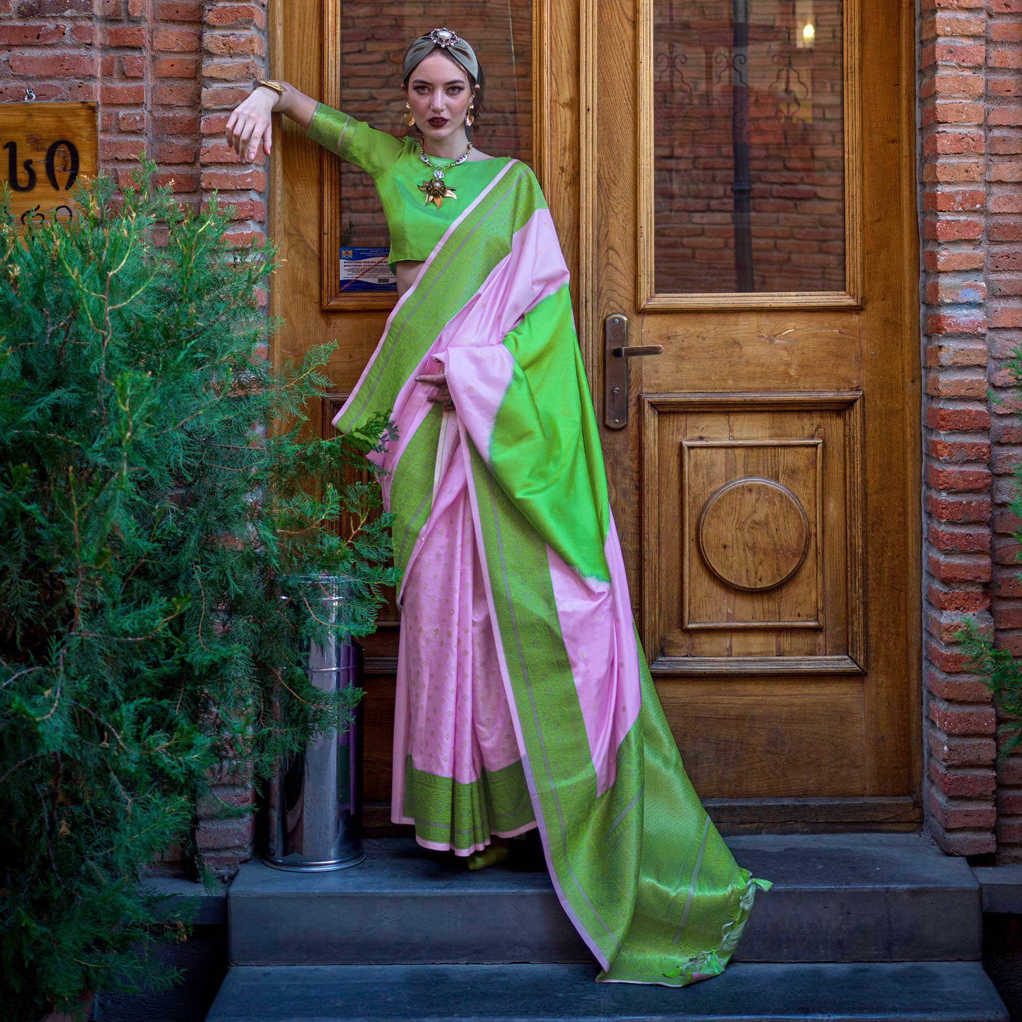 Lavender & Green Zari Butti Work Banarasi Silk Saree