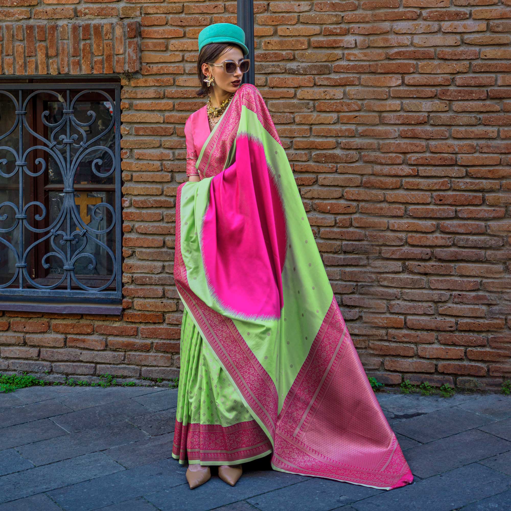 Parrot Green & Pink Zari Butti Work Banarasi Silk Saree