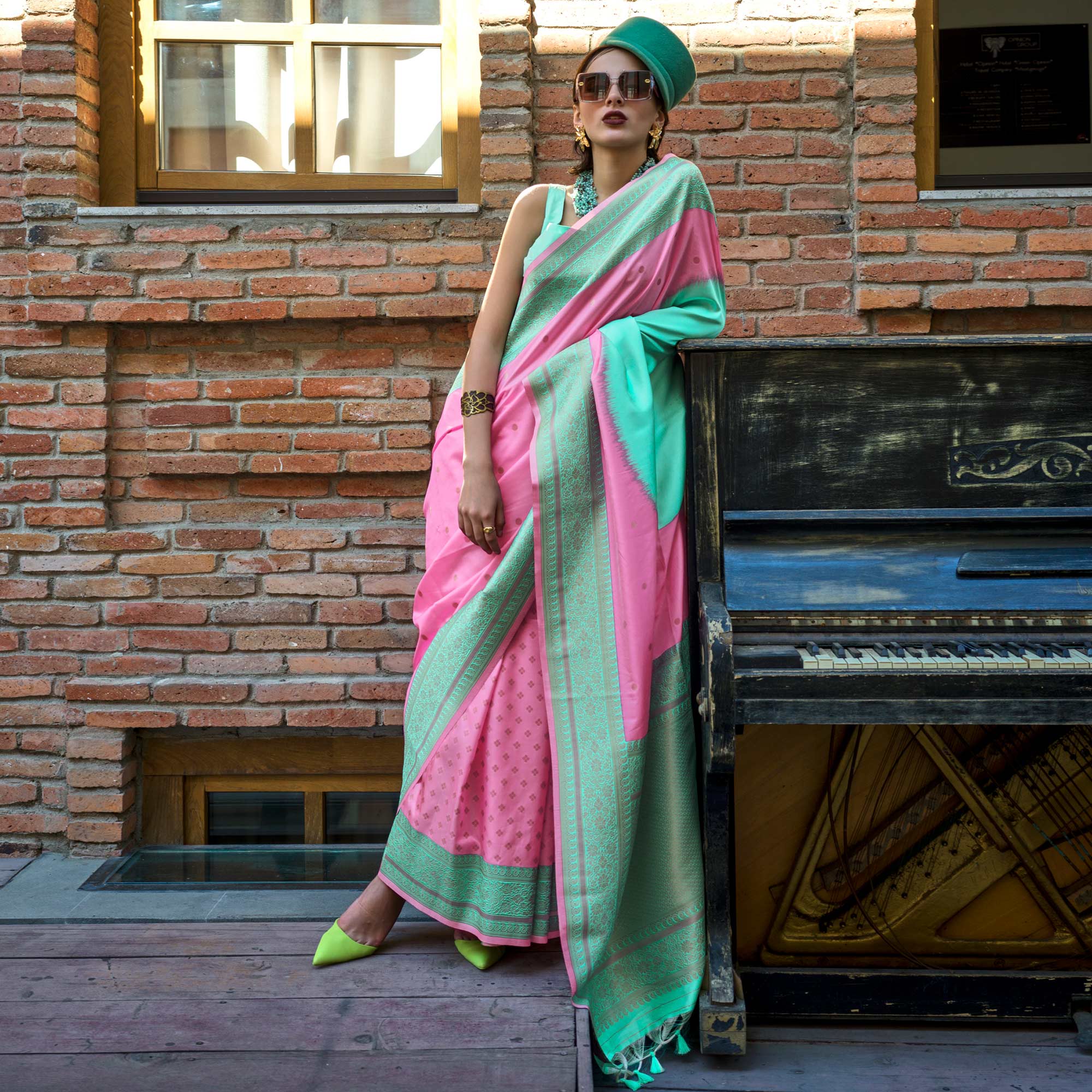 Pink & Turquoise Zari Butti Work Banarasi Silk Saree