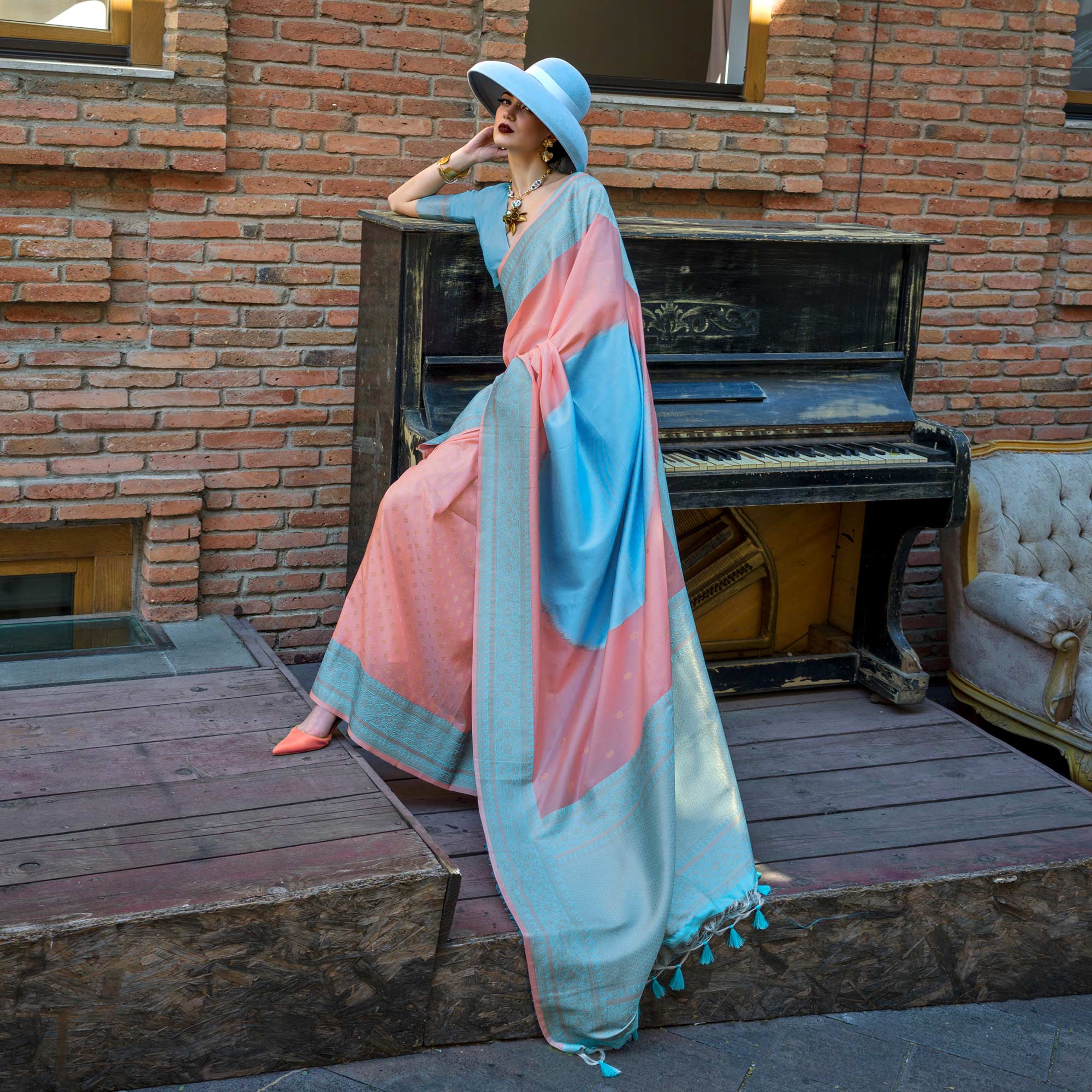 Peach & Blue Zari Butti Work Banarasi Silk Saree