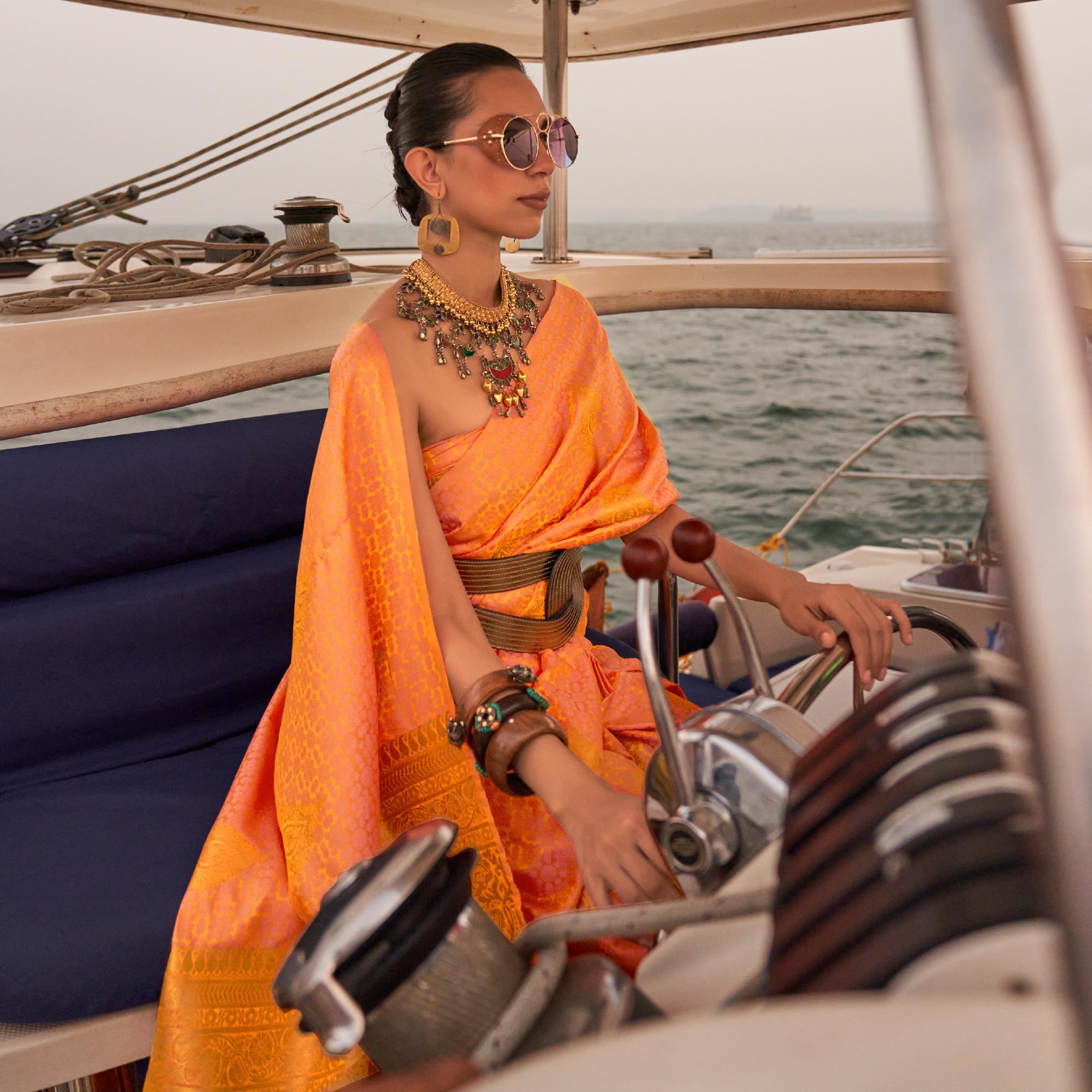 Peach Woven Satin Two Tone Saree