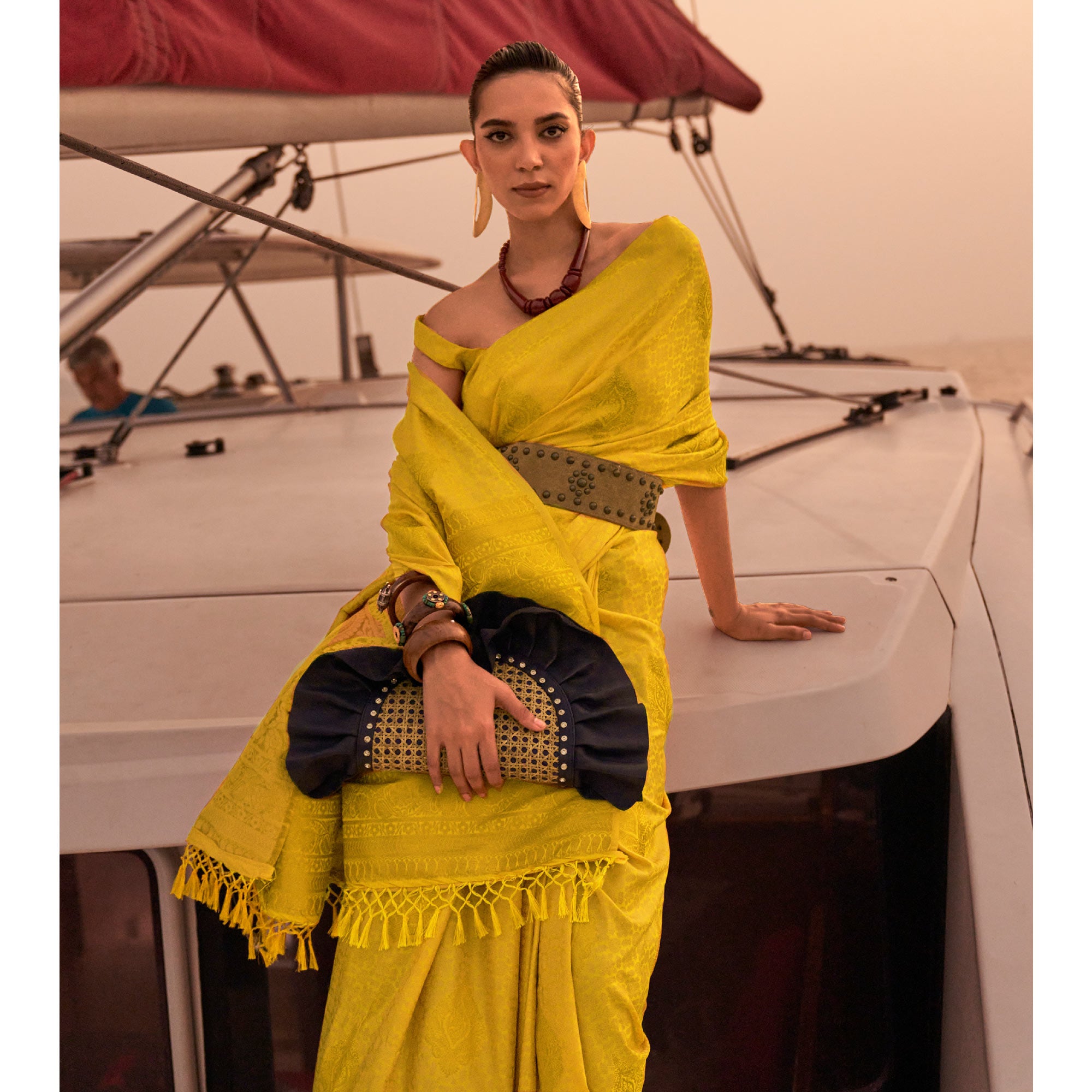 Yellow Woven Satin Two Tone Saree