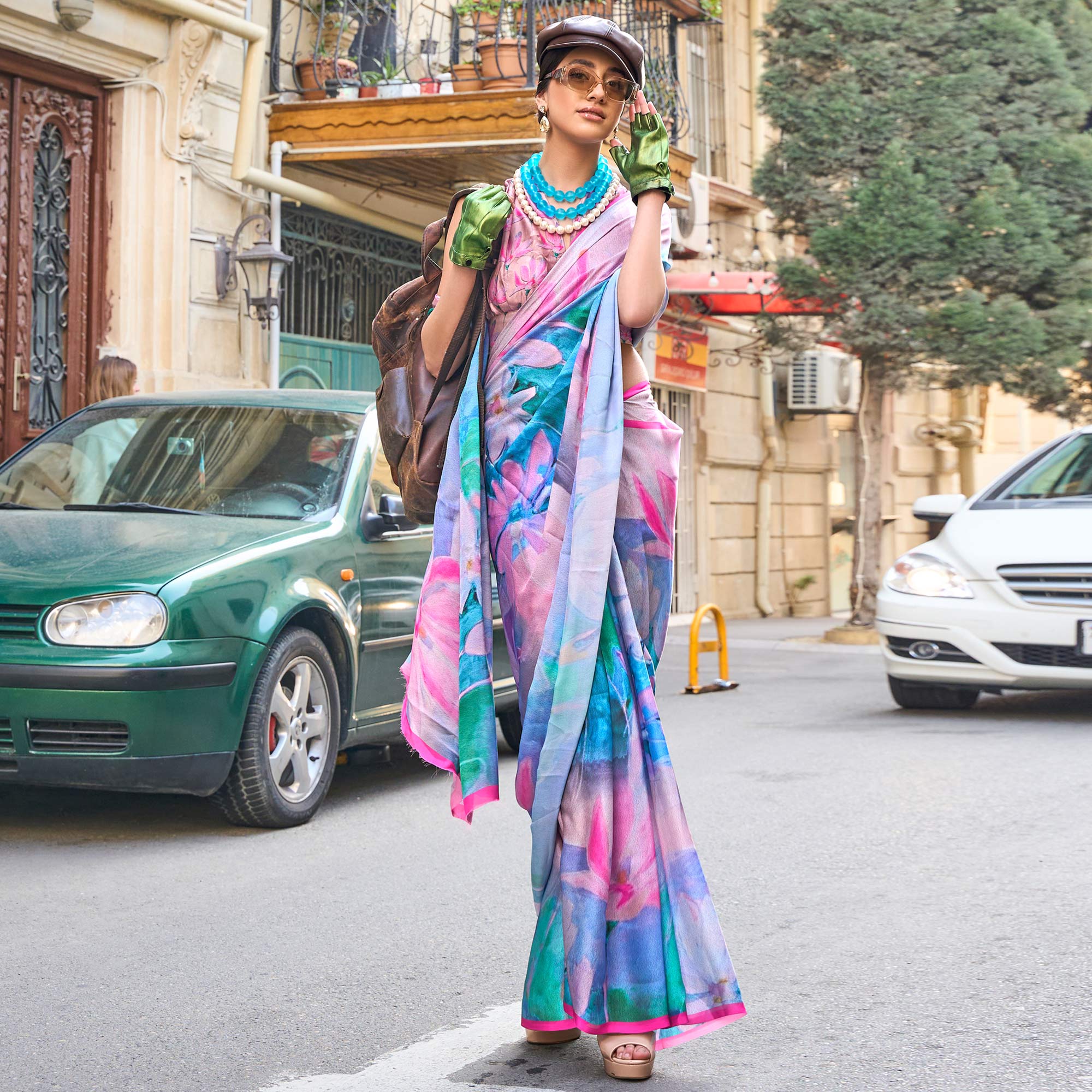 Multicolor Floral Digital Printed Satin Saree