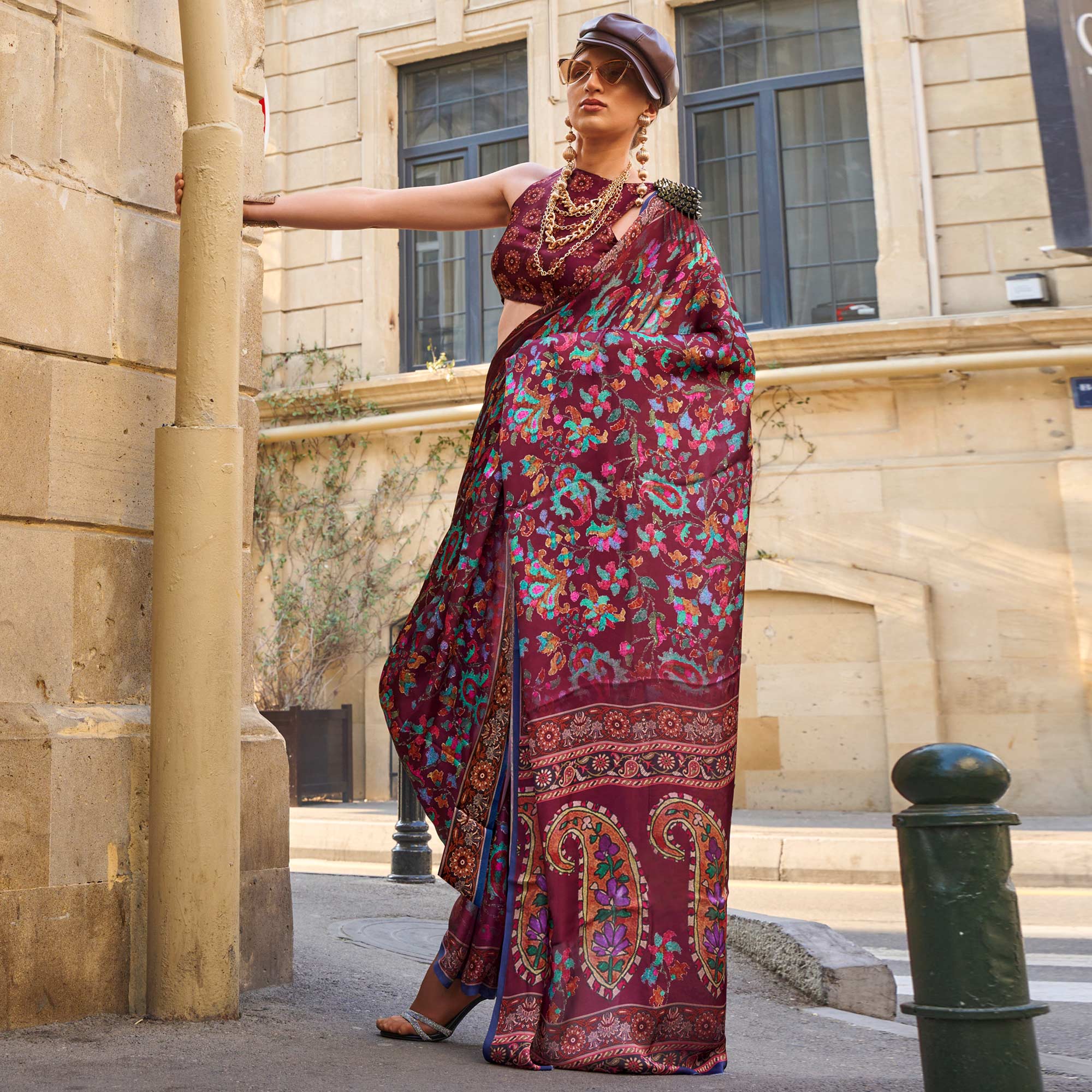 Maroon Floral Digital Printed Satin Saree