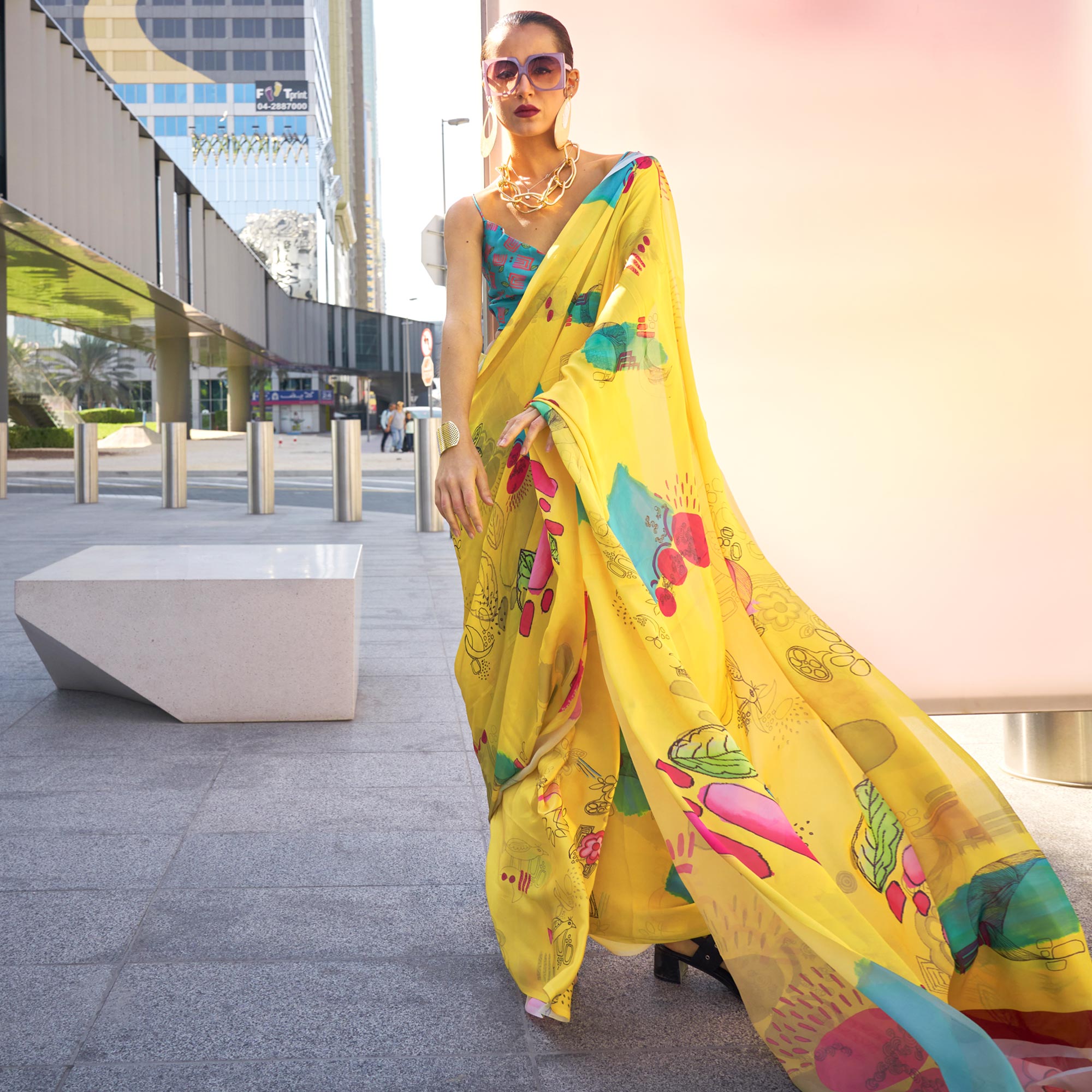 Yellow Floral Digital Printed Satin Saree