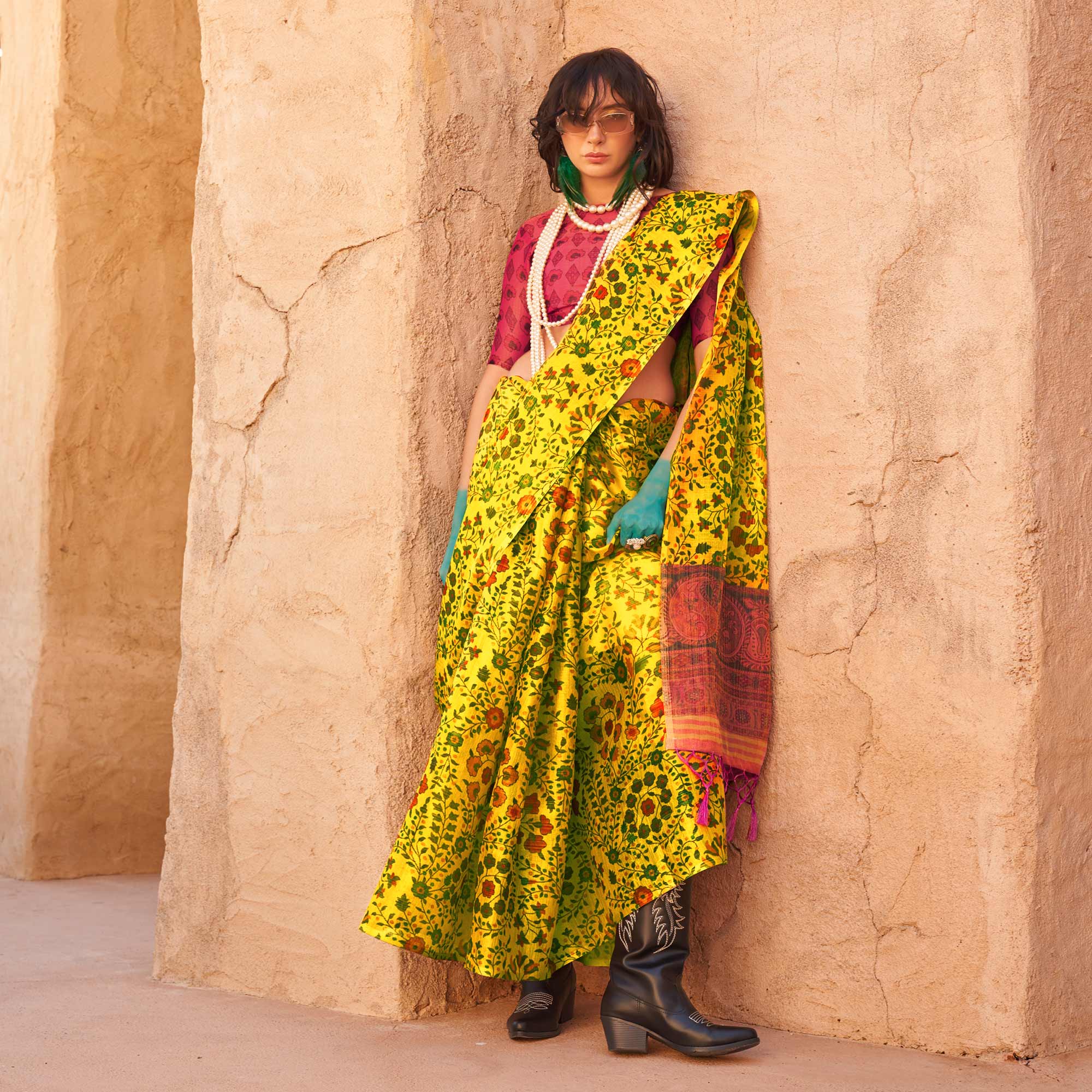 Yellow Floral Printed Tissue Saree With Tassels