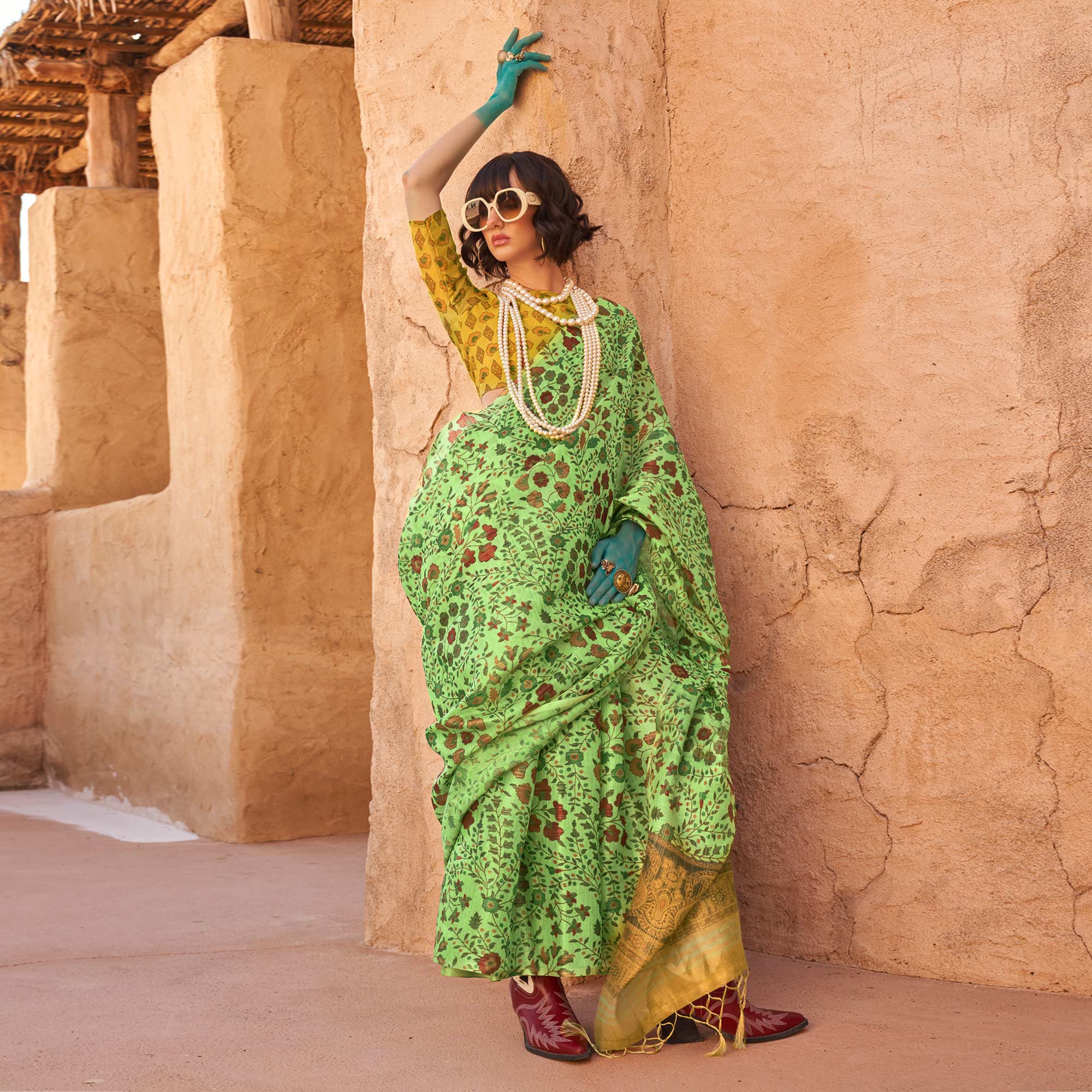 Sea Green Floral Printed Tissue Saree With Tassels