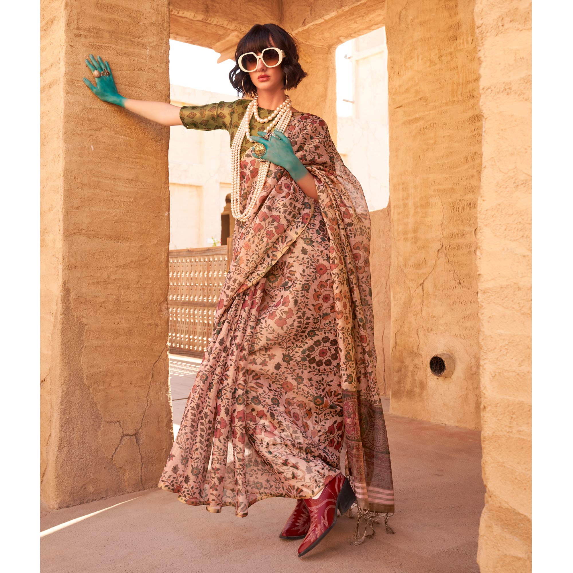 Peach Floral Printed Tissue Saree With Tassels