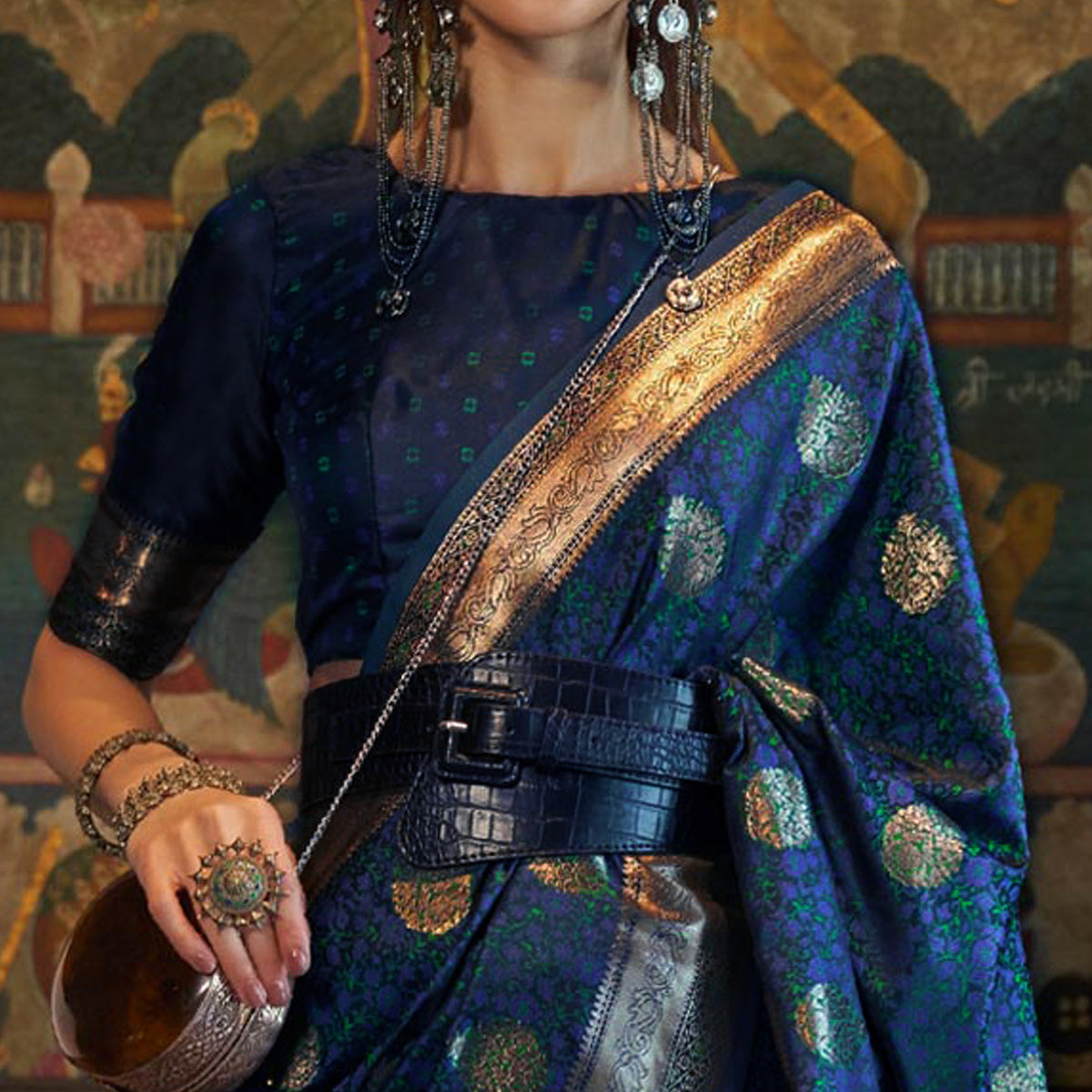 Navy Blue Floral Woven Satin Saree With Tassels