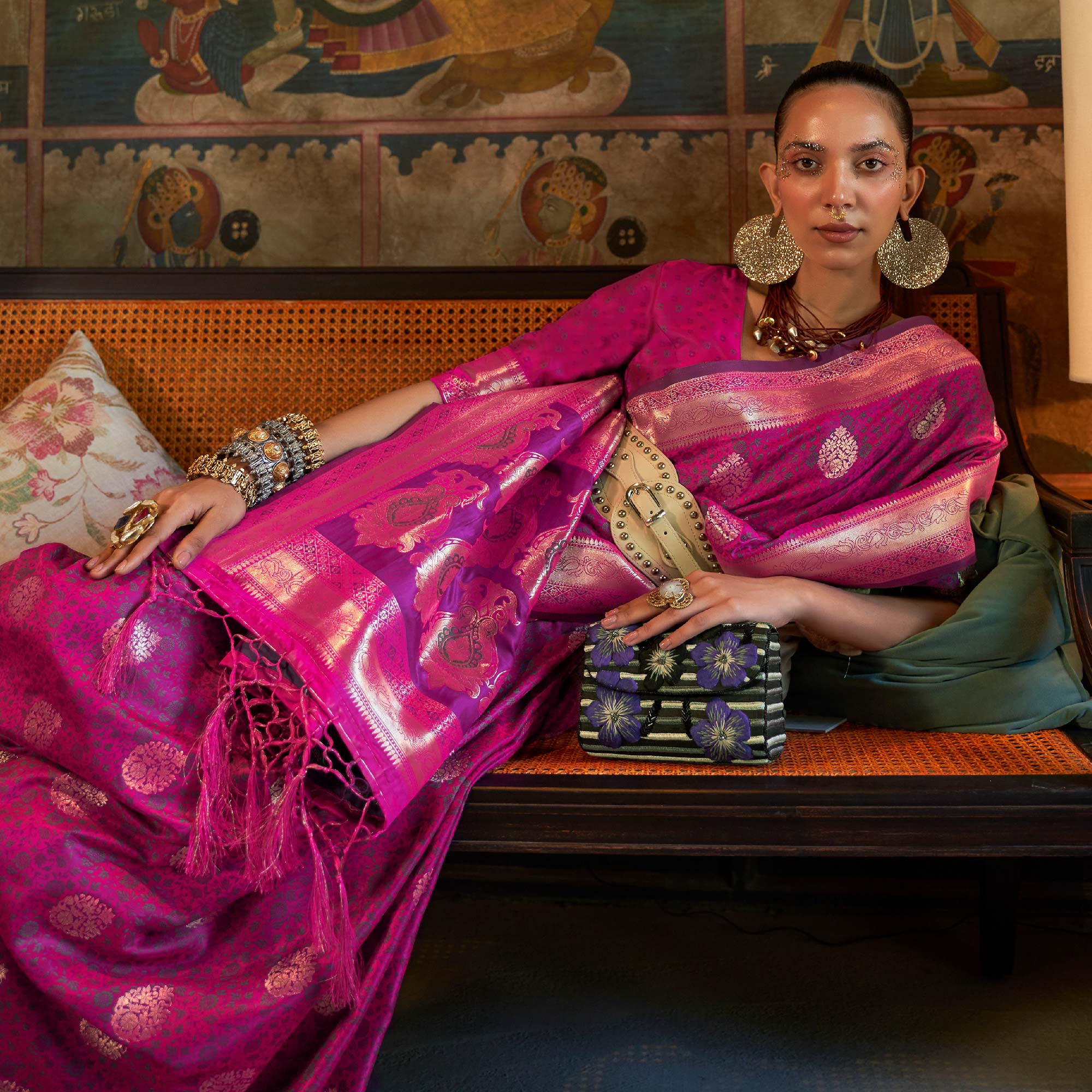 Purple Floral Woven Satin Saree With Tassels