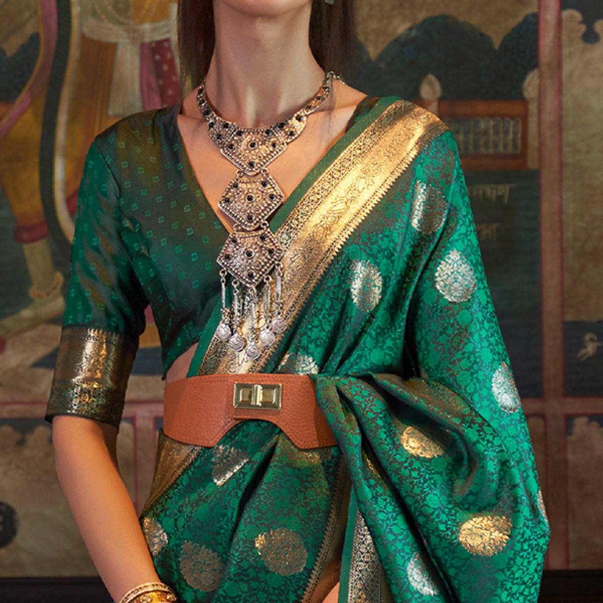 Green Floral Woven Satin Saree With Tassels