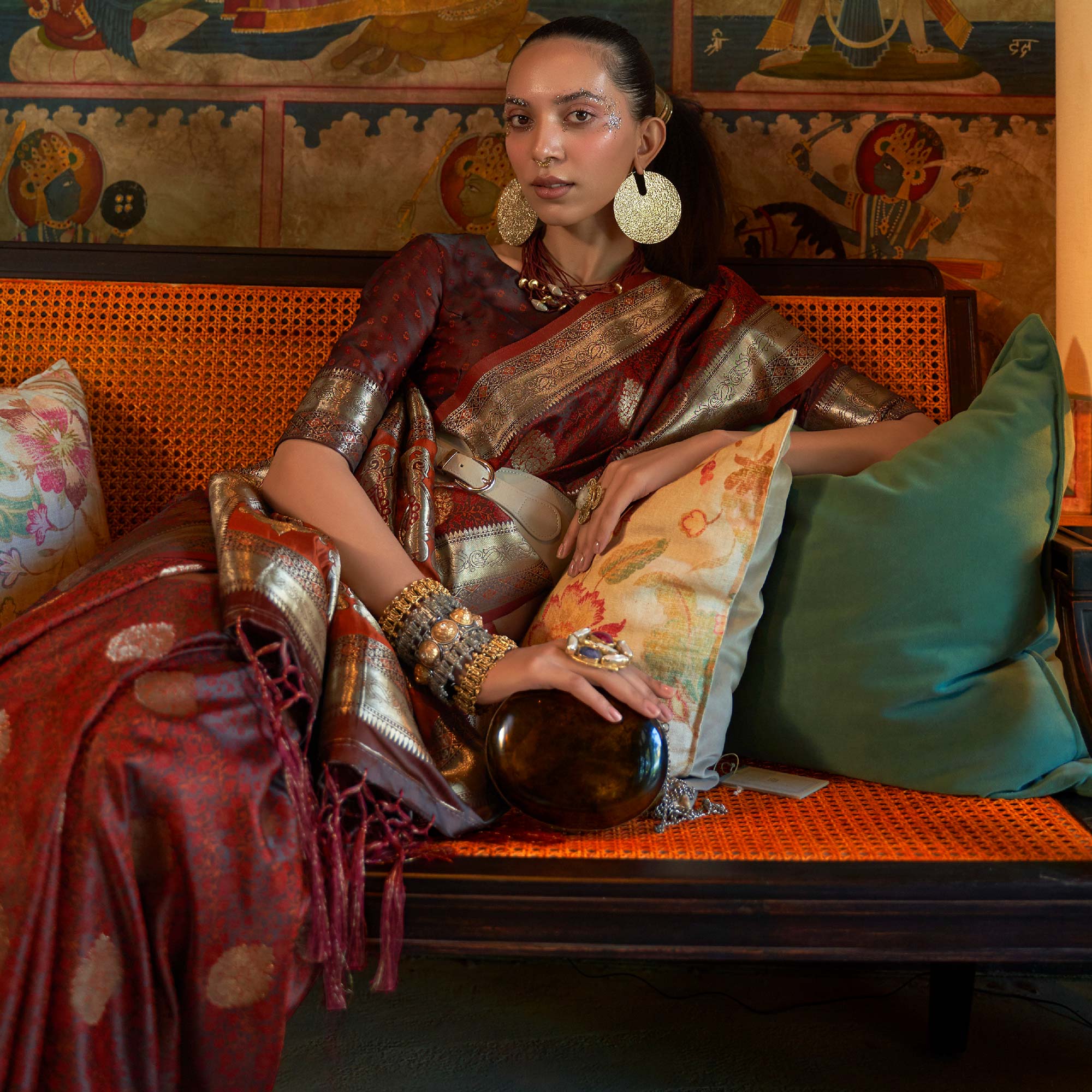 Brown Floral Woven Satin Saree With Tassels