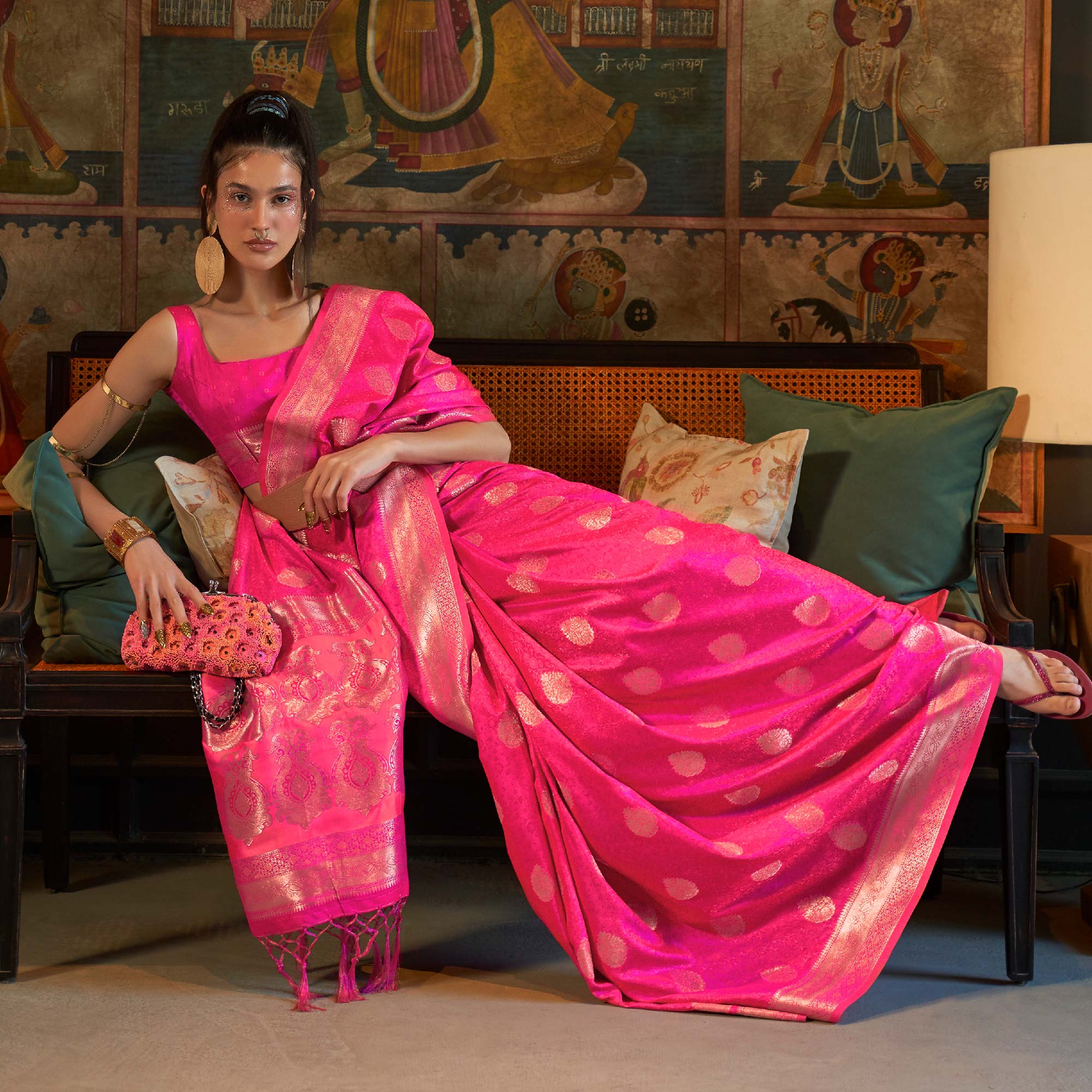 Pink Floral Woven Satin Saree With Tassels