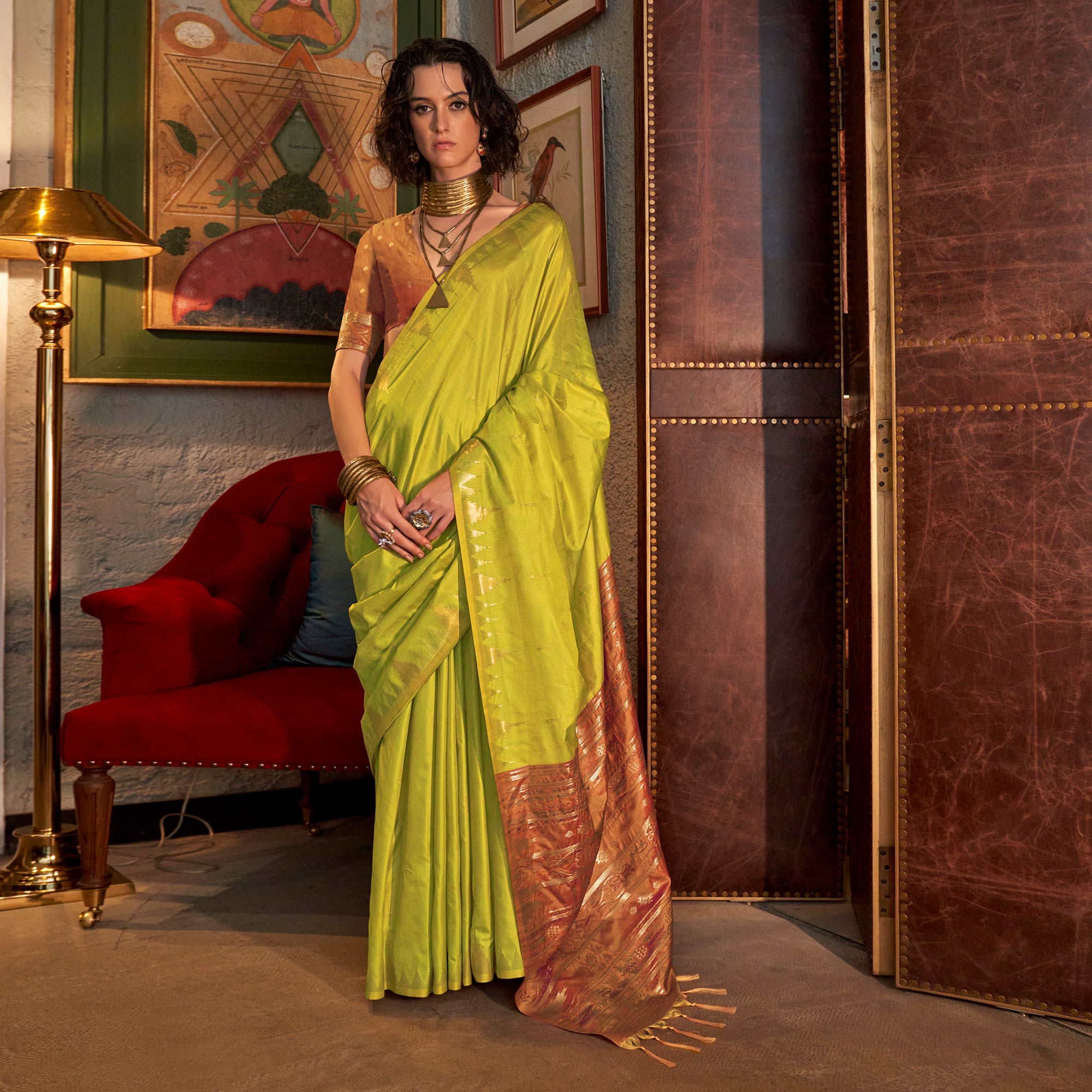 Lemon Yellow Zari Work Woven Tussar Silk Saree With Tassels