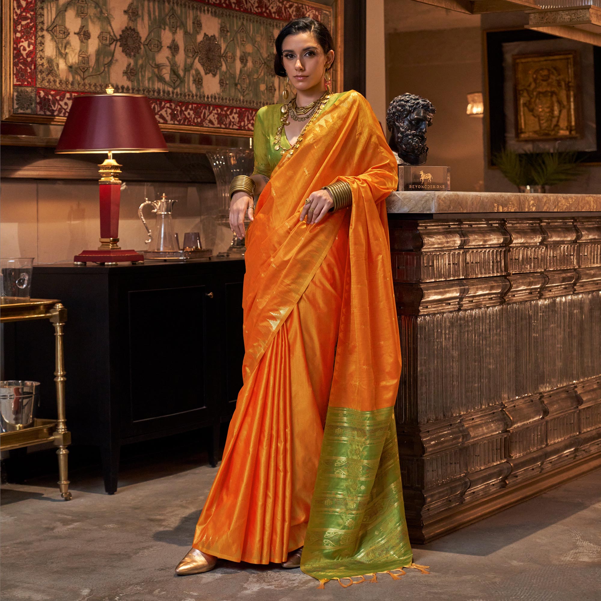 Orange Zari Work Woven Tussar Silk Saree With Tassels