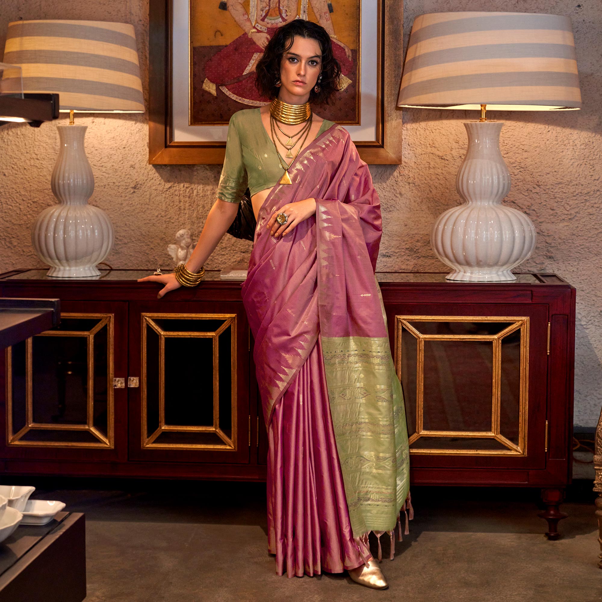 Mauve Zari Work Woven Tussar Silk Saree With Tassels