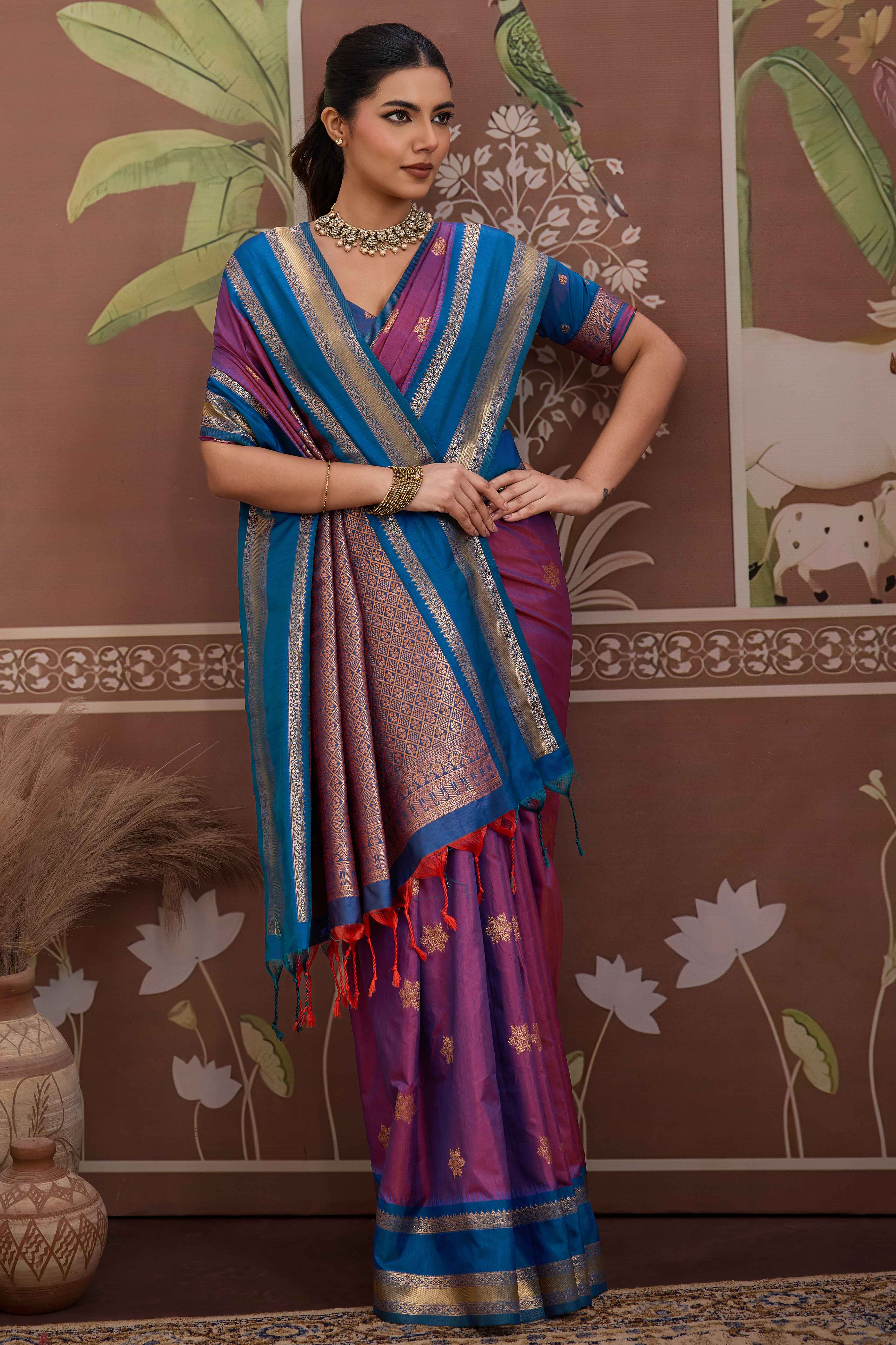 Luxury Style Purple Saree in Silk Blend with Intricate Zari Work