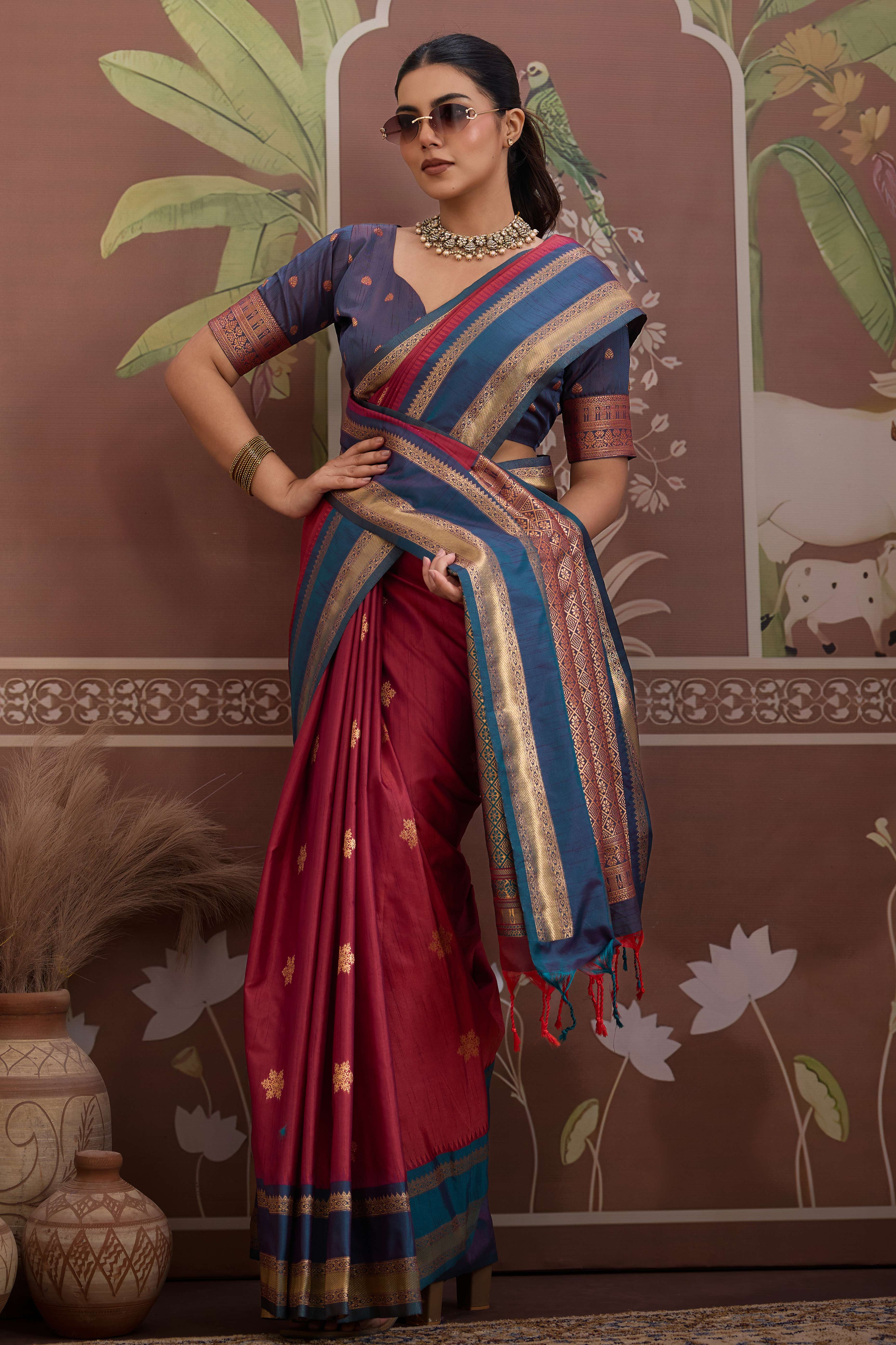 Luxury Style Maroon Saree in Silk Blend with Intricate Zari Work