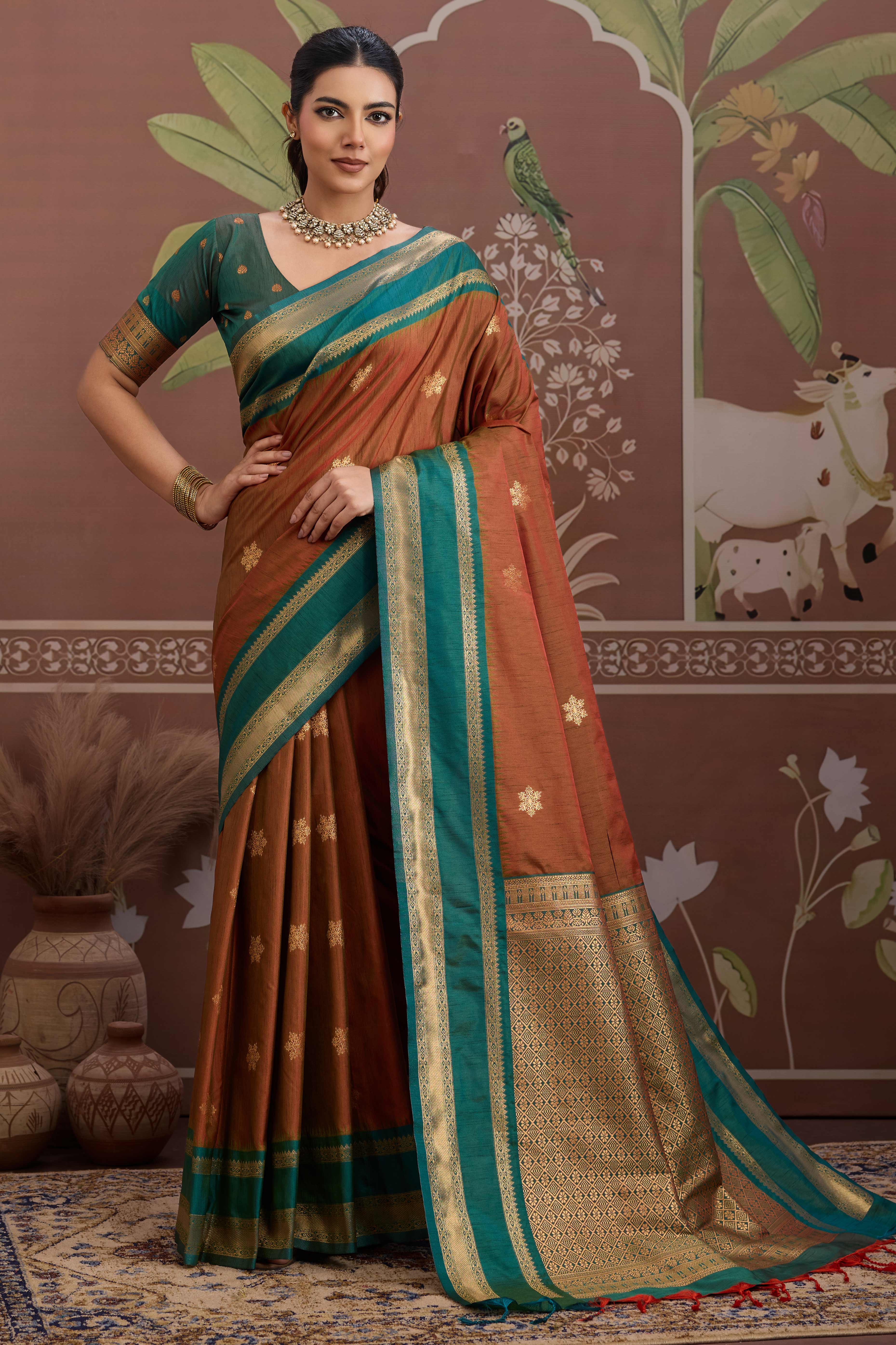 Luxury Style Brown Saree in Silk Blend with Intricate Zari Work