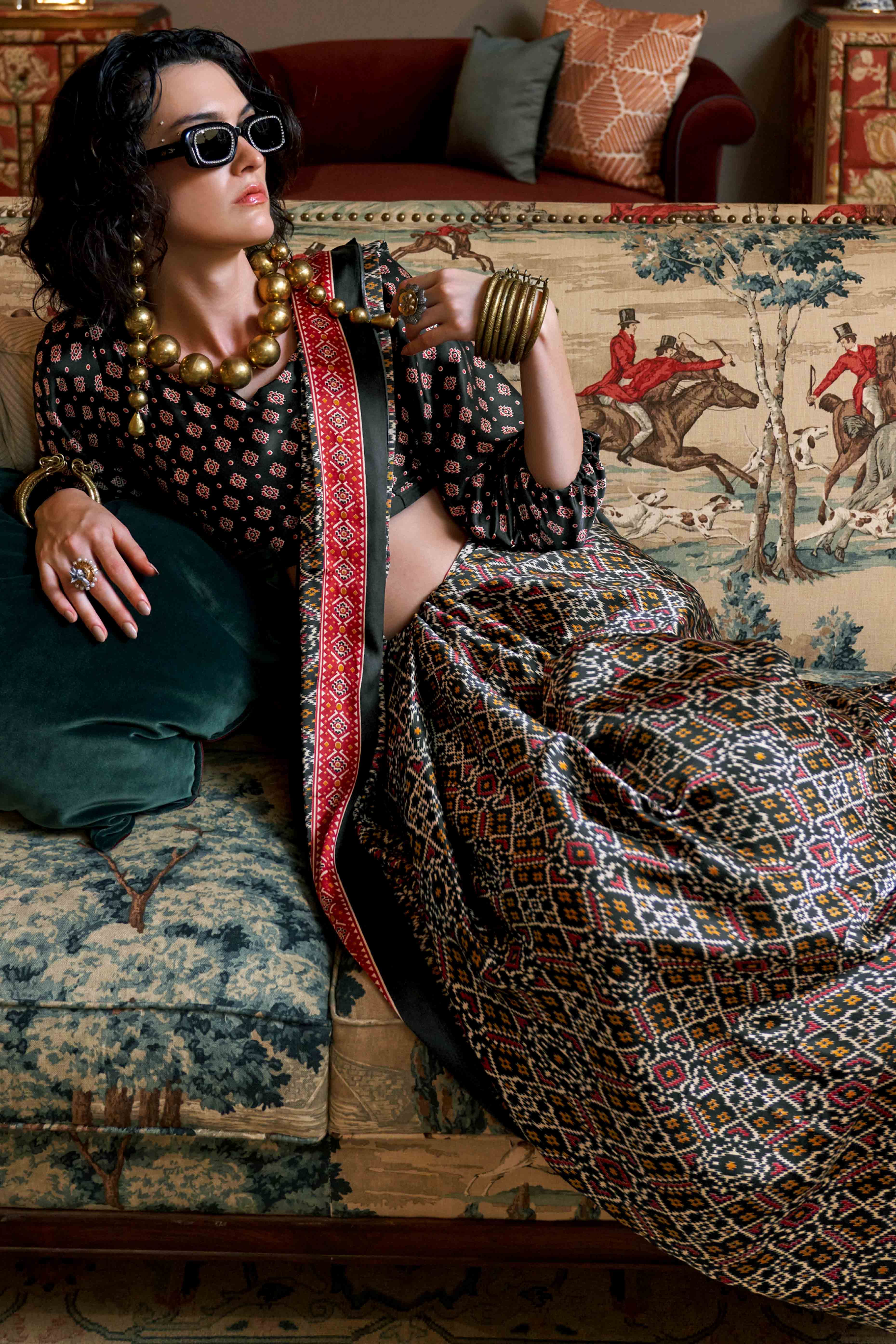 Black Patola Printed Satin Crepe Saree