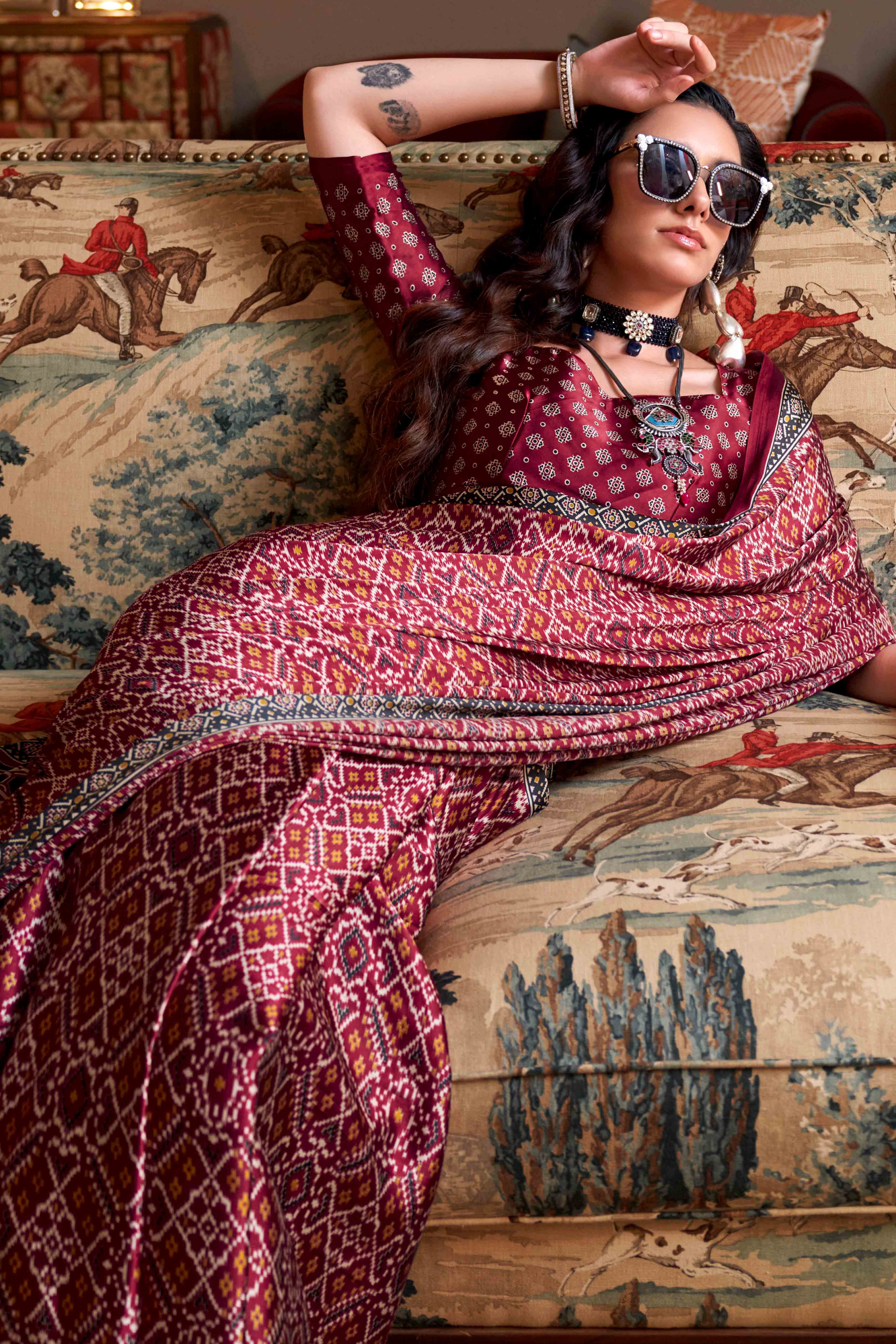 Magenta Patola Printed Satin Crepe Saree