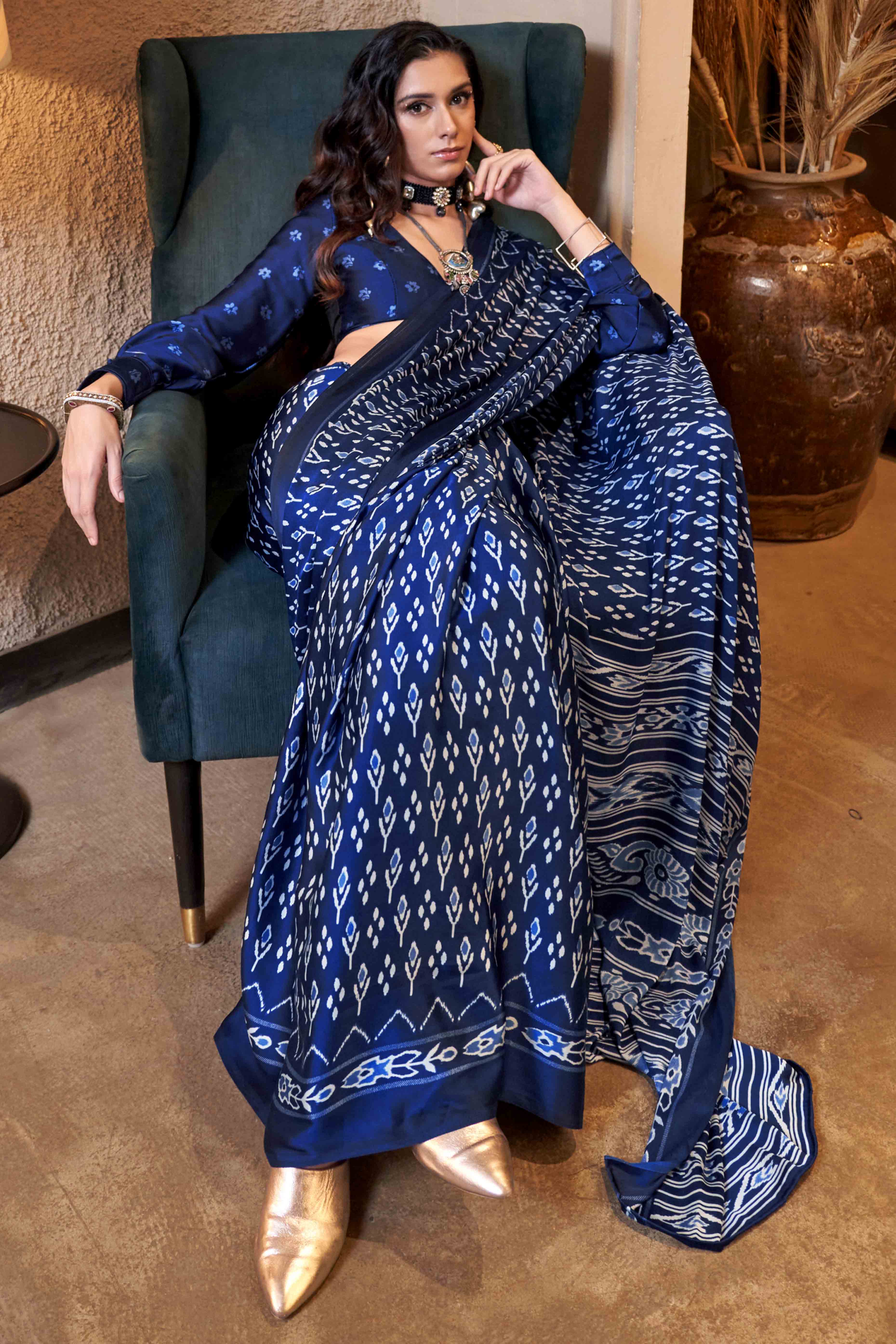 Blue Patola Printed Satin Crepe Saree
