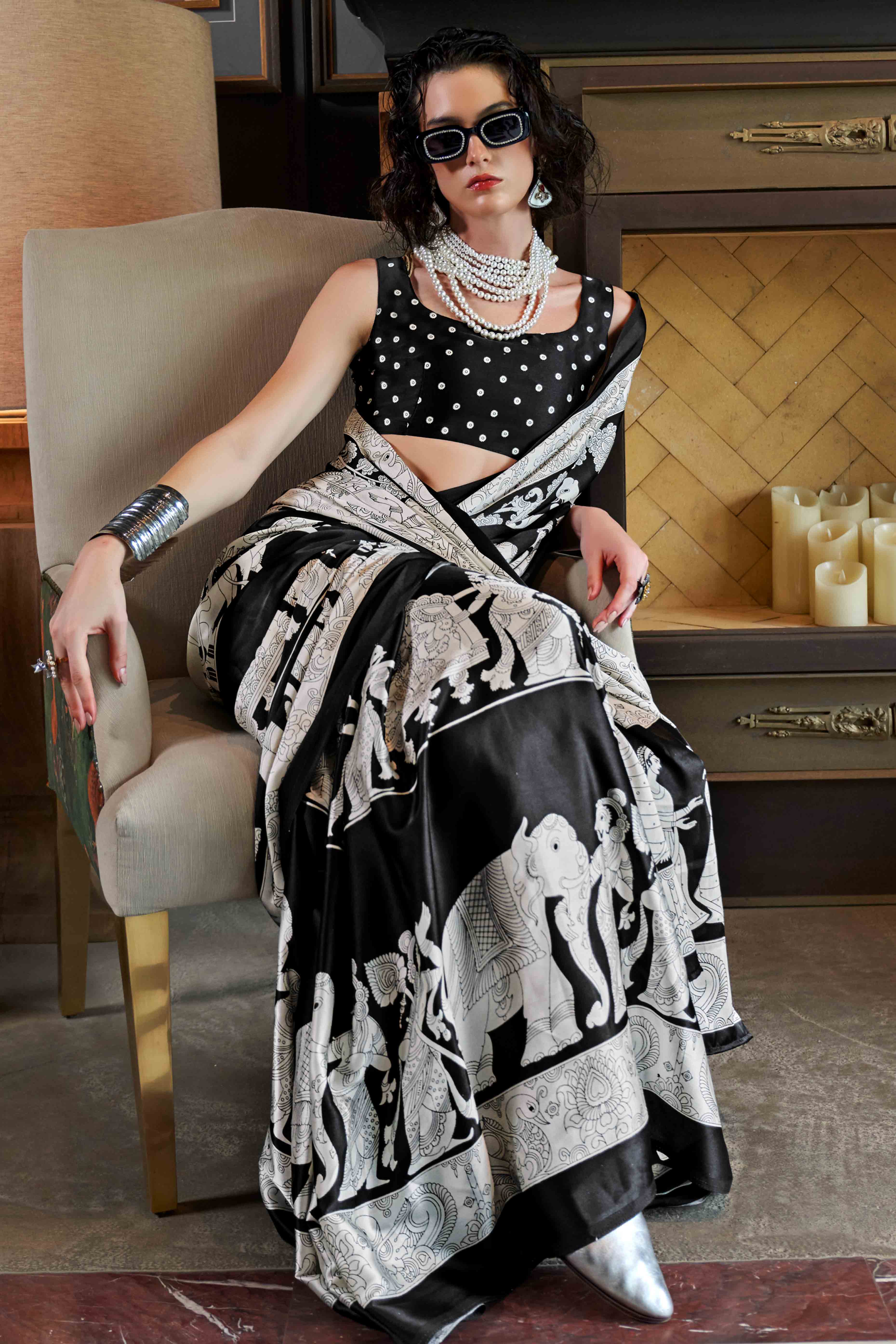 Black & White Abstract Printed Satin Crepe Saree