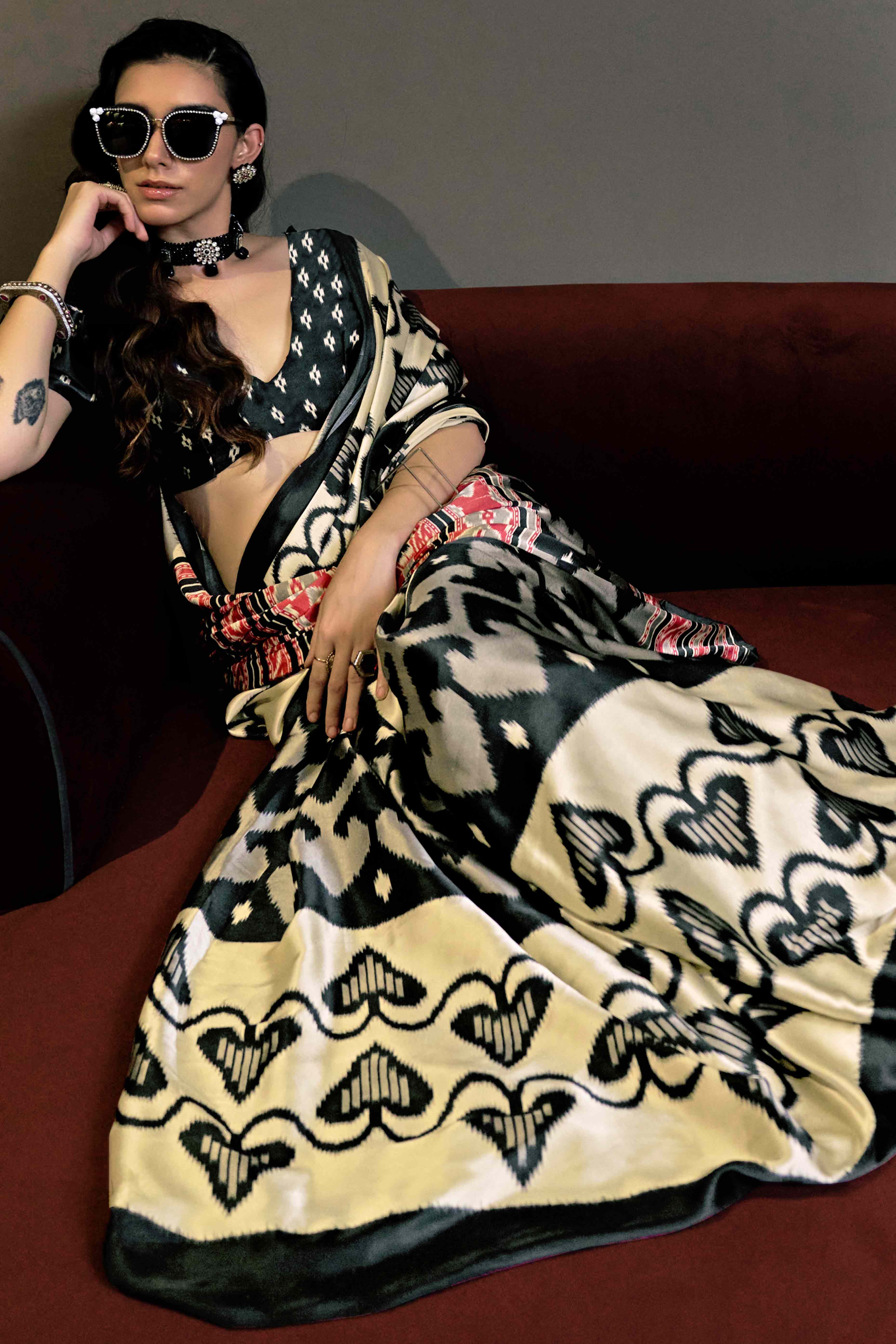 Black & Cream Patola Printed Satin Crepe Saree