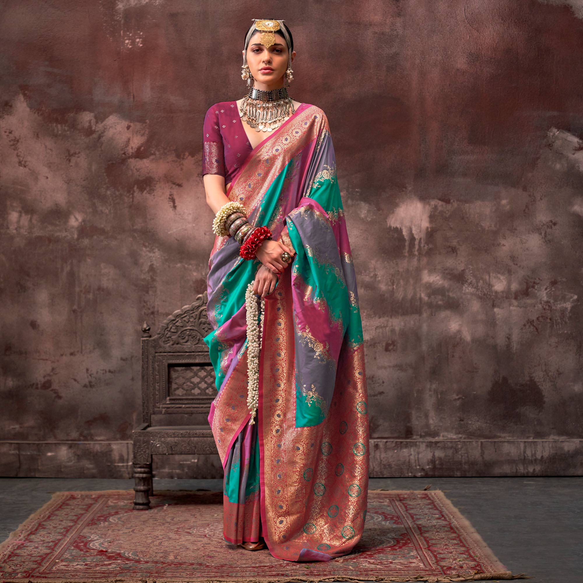 Wine Floral Woven Art Silk Saree With Tassels