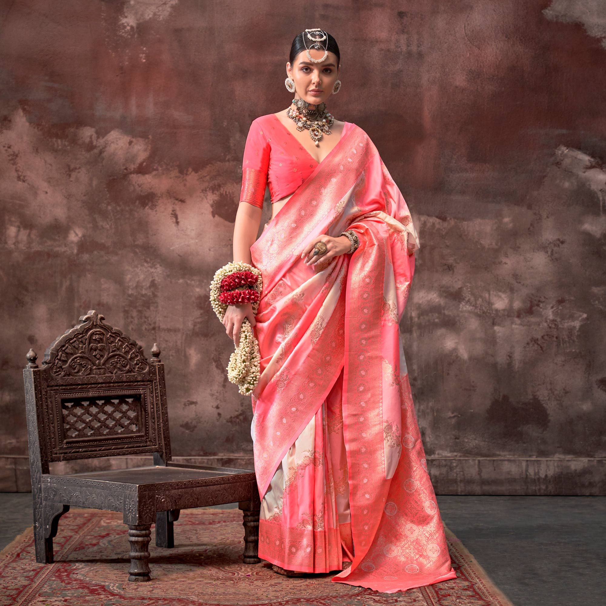 Peach Floral Woven Art Silk Saree With Tassels