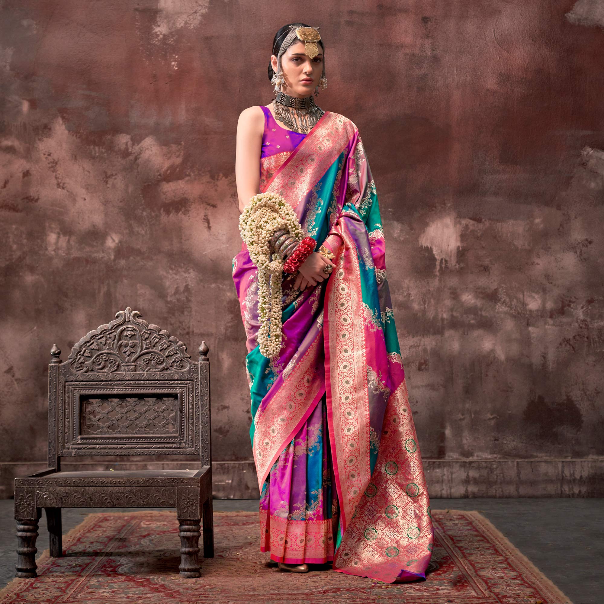 Purple Floral Woven Art Silk Saree With Tassels