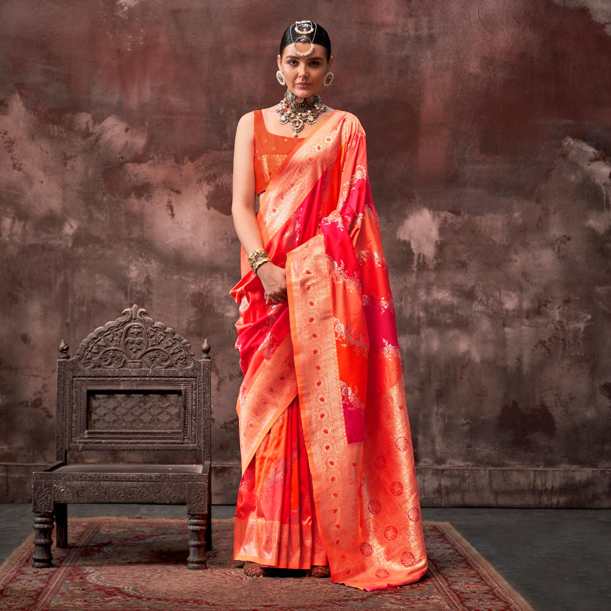 Orange Floral Woven Art Silk Saree With Tassels