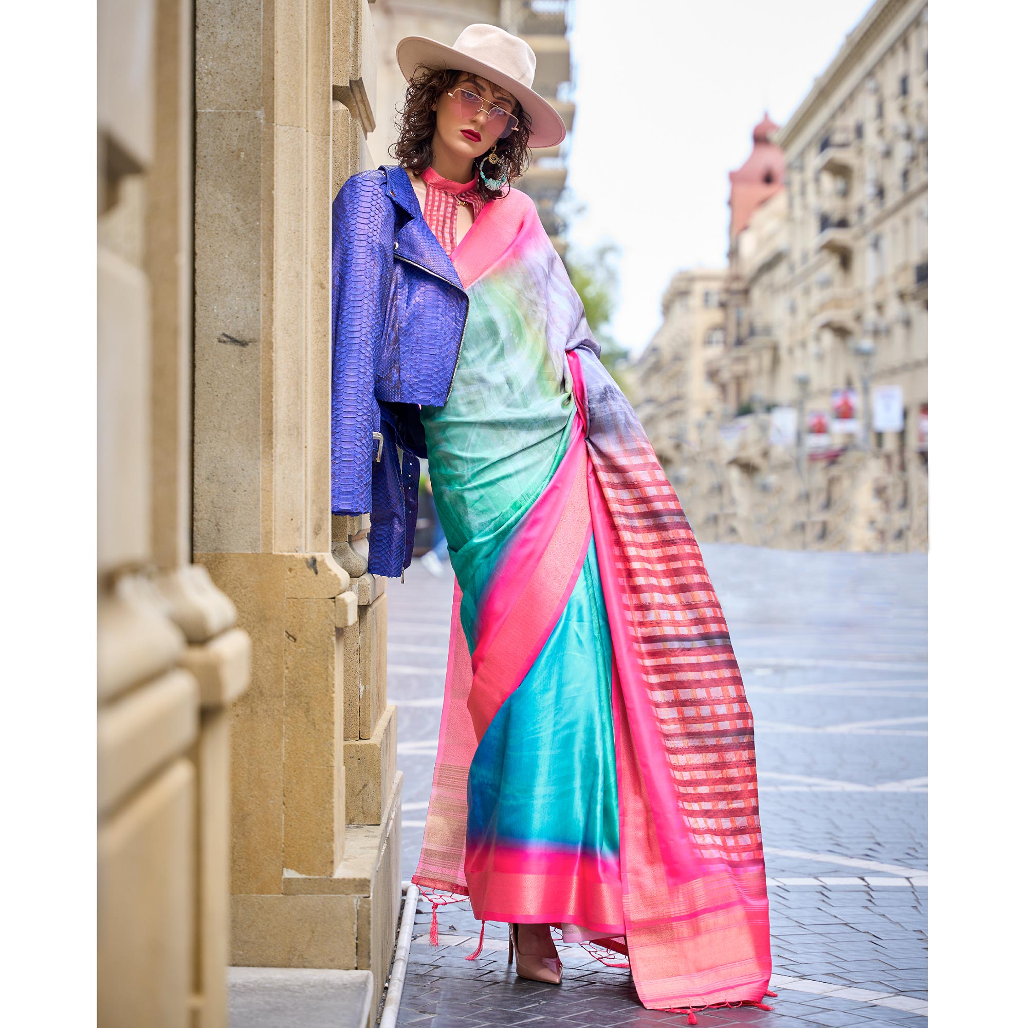 Turquoise & Pink Digital Printed Satin Saree With Tassels