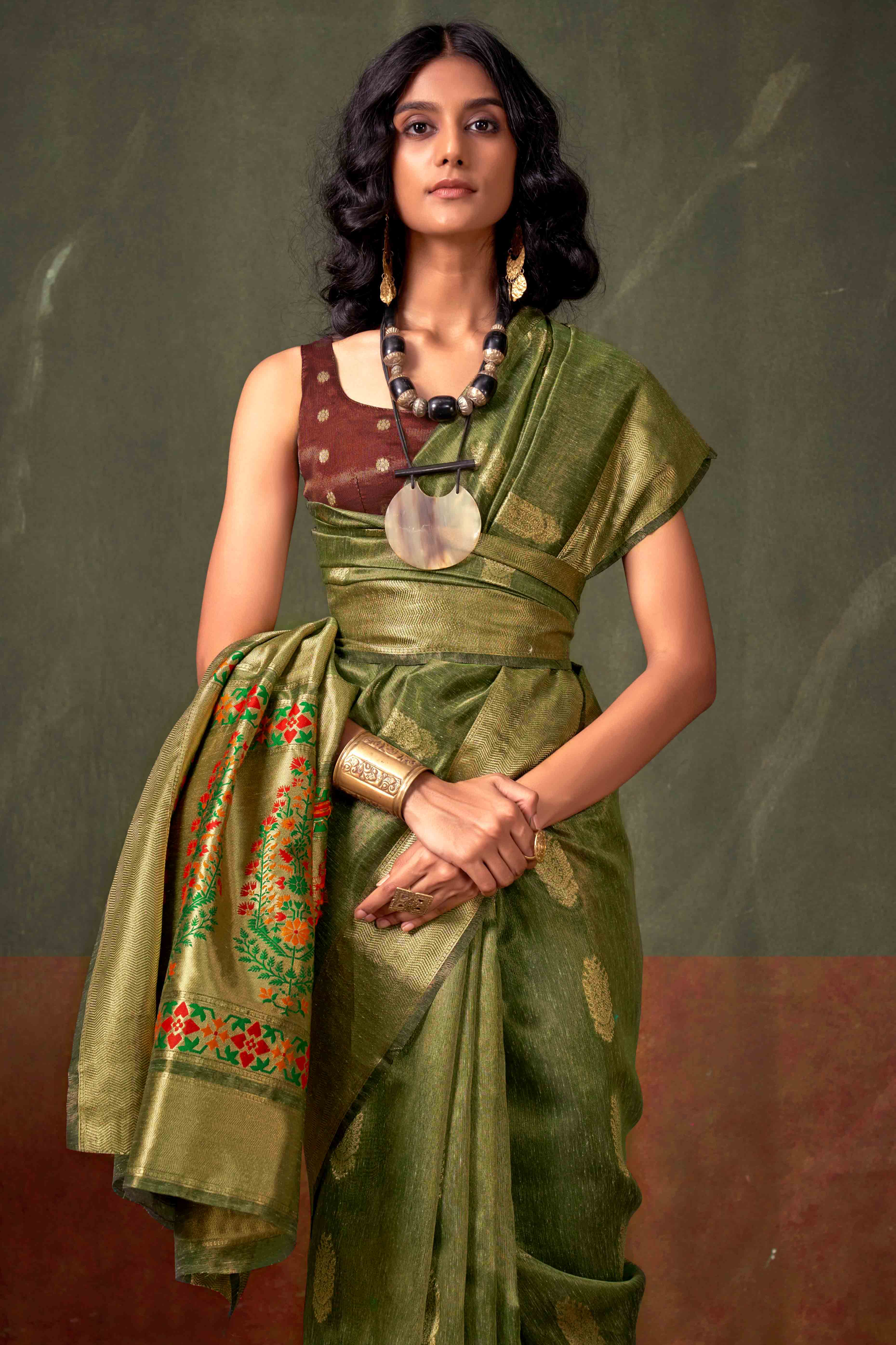 Green Floral Zari Woven Tissue Paithani Style Saree