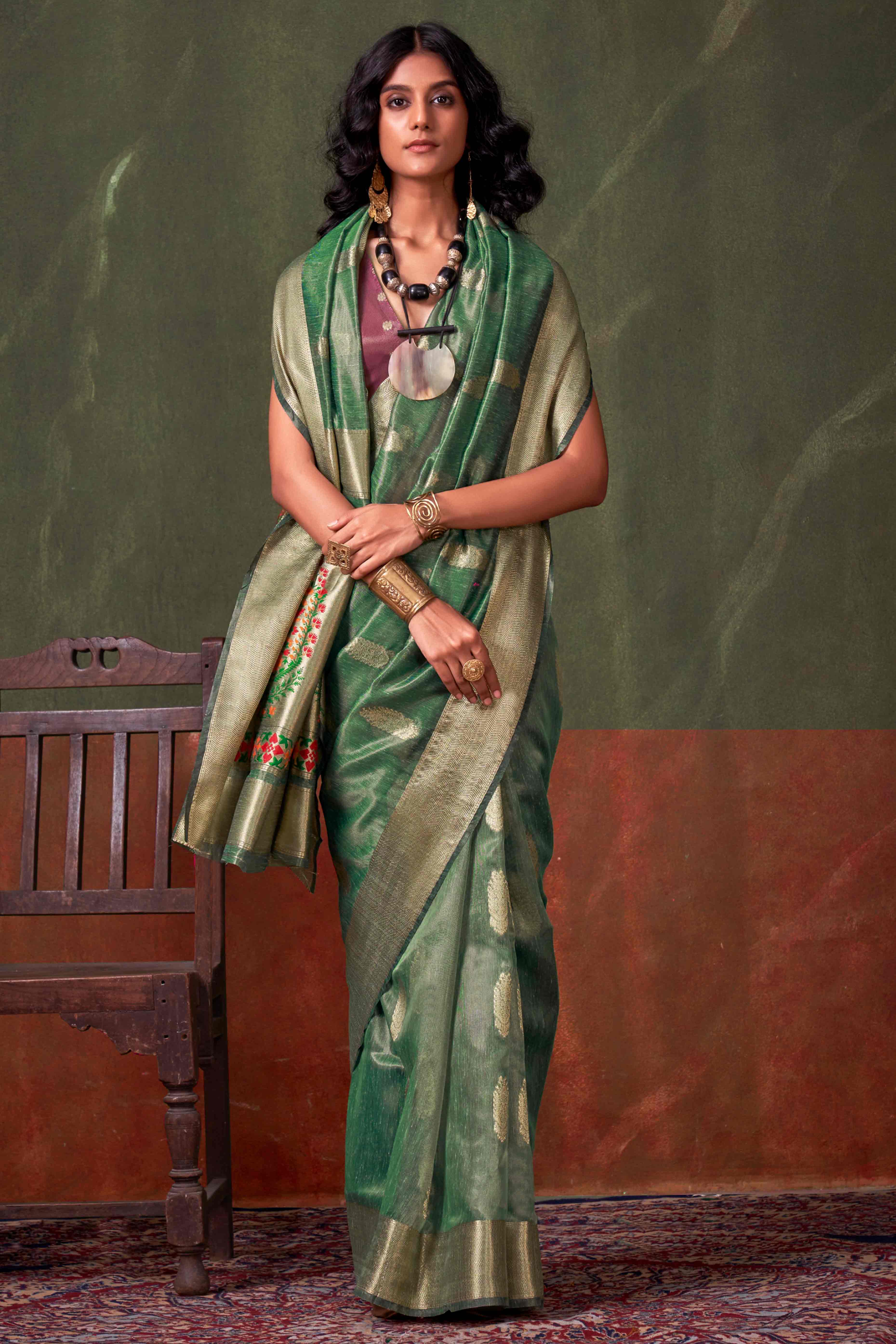 Rama Green Floral Zari Woven Tissue Paithani Style Saree