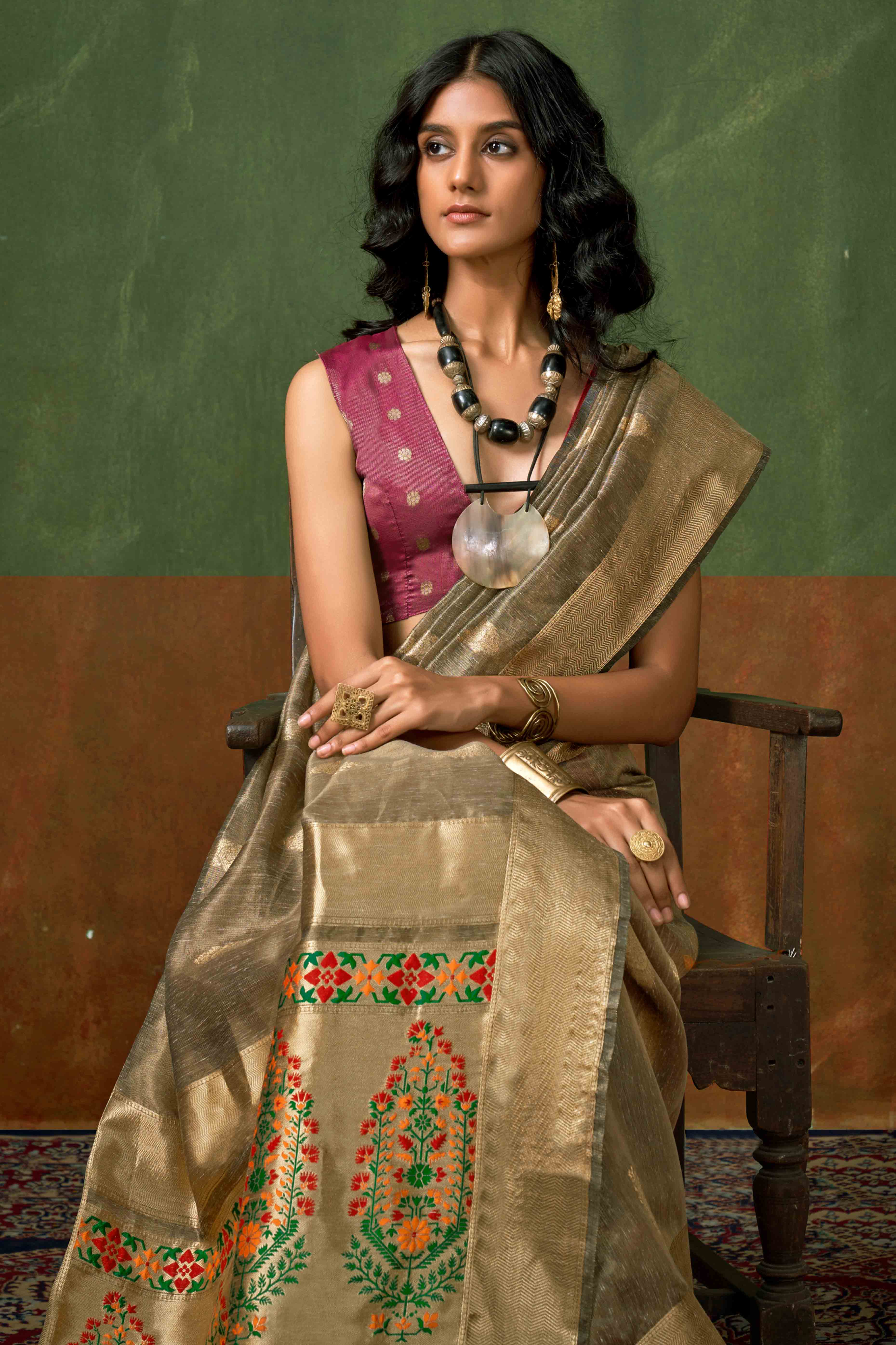 Brown Floral Zari Woven Tissue Paithani Style Saree